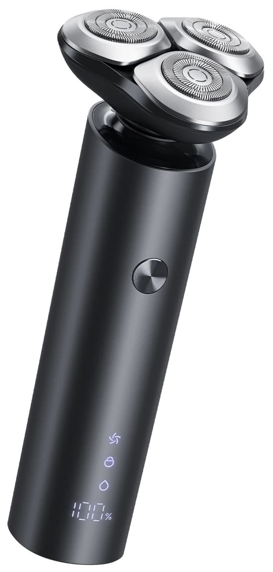 Czarna golarka elektryczna z trzema srebrnymi głowicami. Posiada przycisk zasilania i cyfrowy wyświetlacz pokazujący baterię.