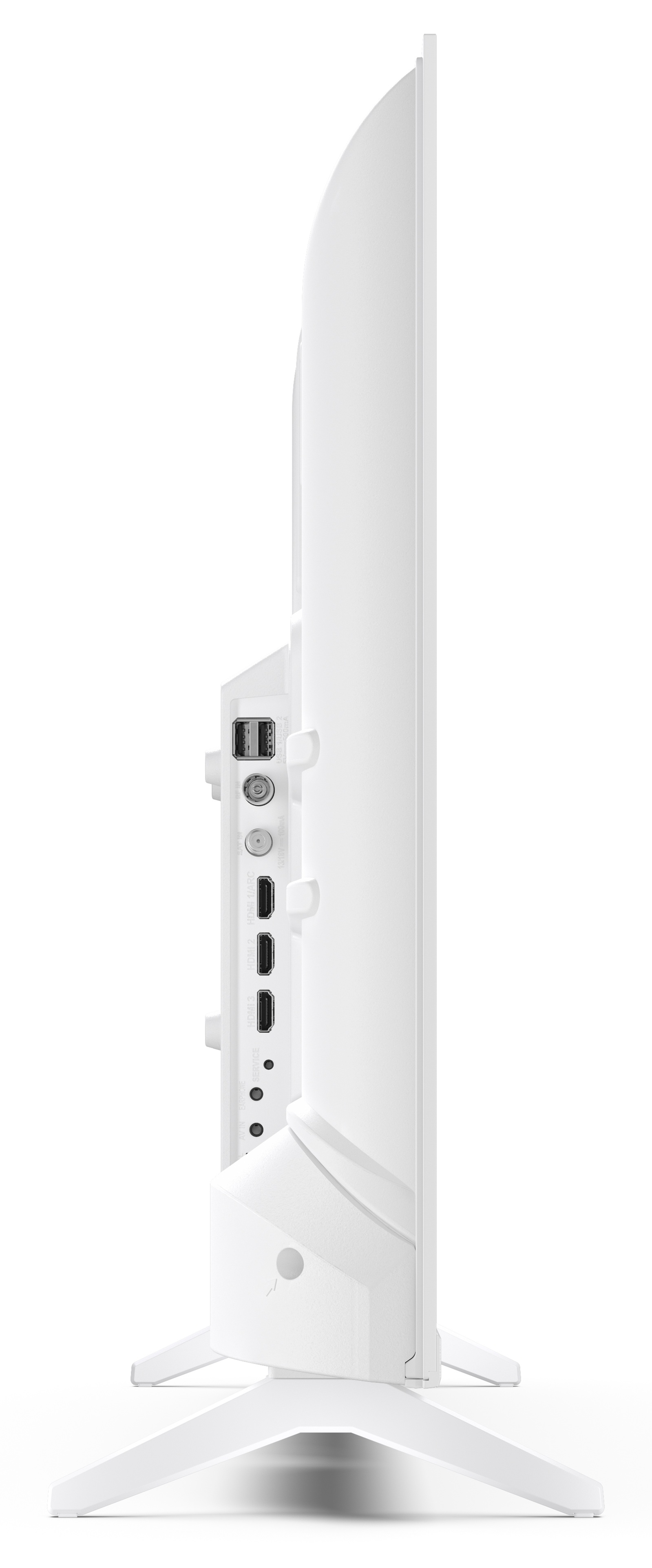 Widok z boku białego telewizora. Widoczne porty z boku, w tym HDMI, USB i antena. Telewizor stoi na białym stojaku.