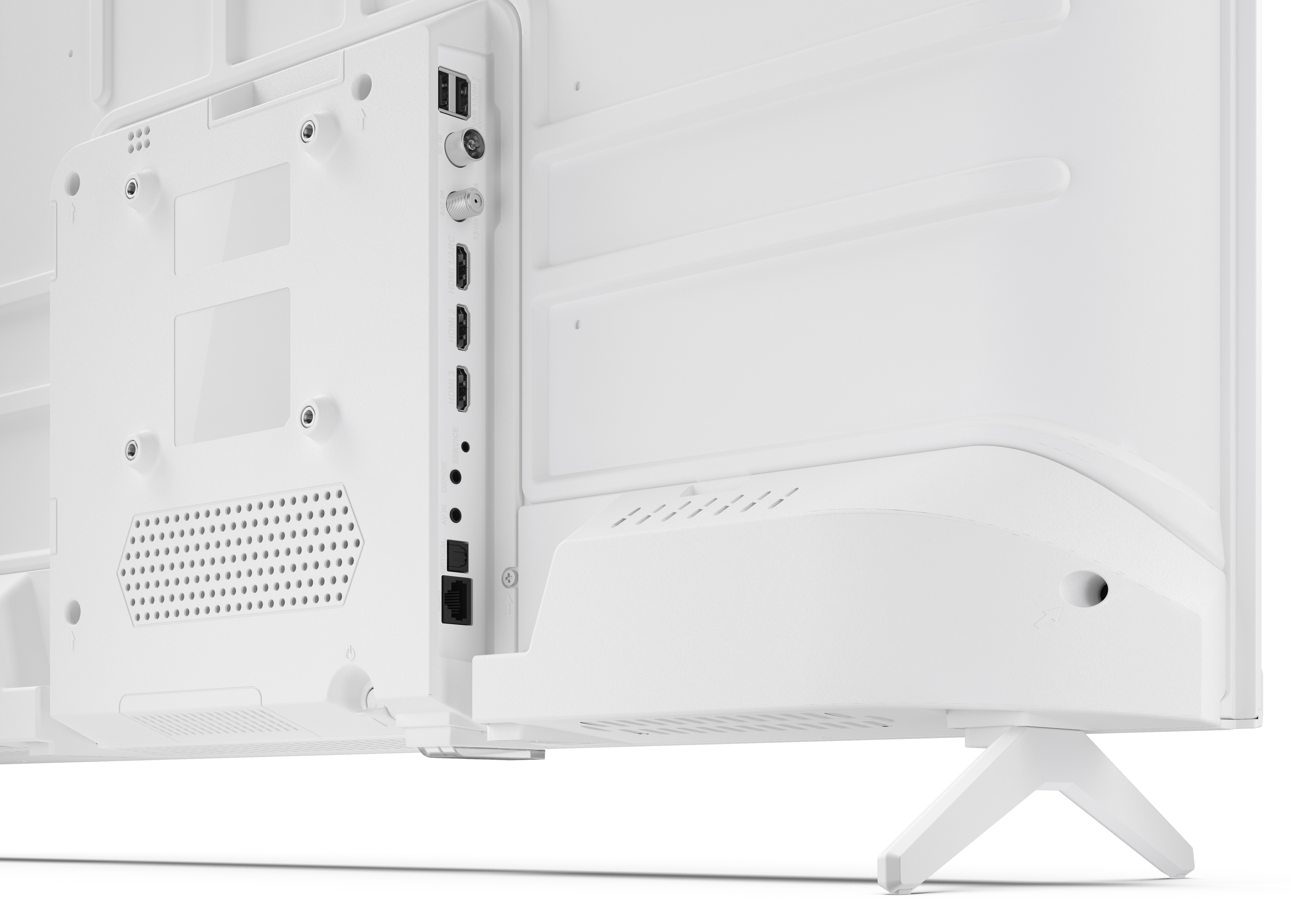 Biały tył telewizora z portami, otworami wentylacyjnymi i podstawą. Porty: HDMI, USB i optyczne. Podstawa w kształcie białego V.