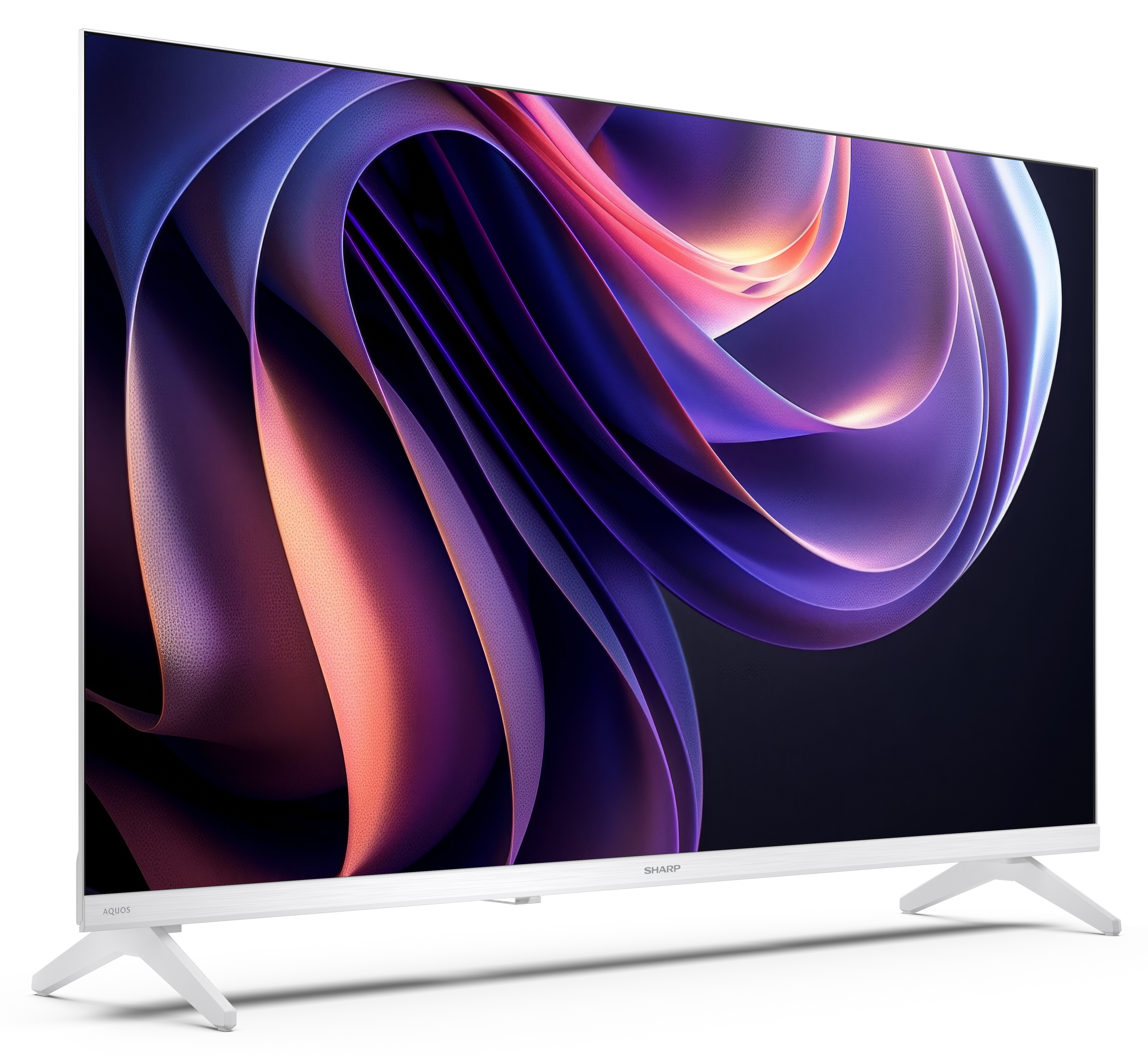 Biały telewizor Sharp Aquos wyświetla kolorowy, abstrakcyjny wzór. Telewizor ma białe nogi i białą ramę.