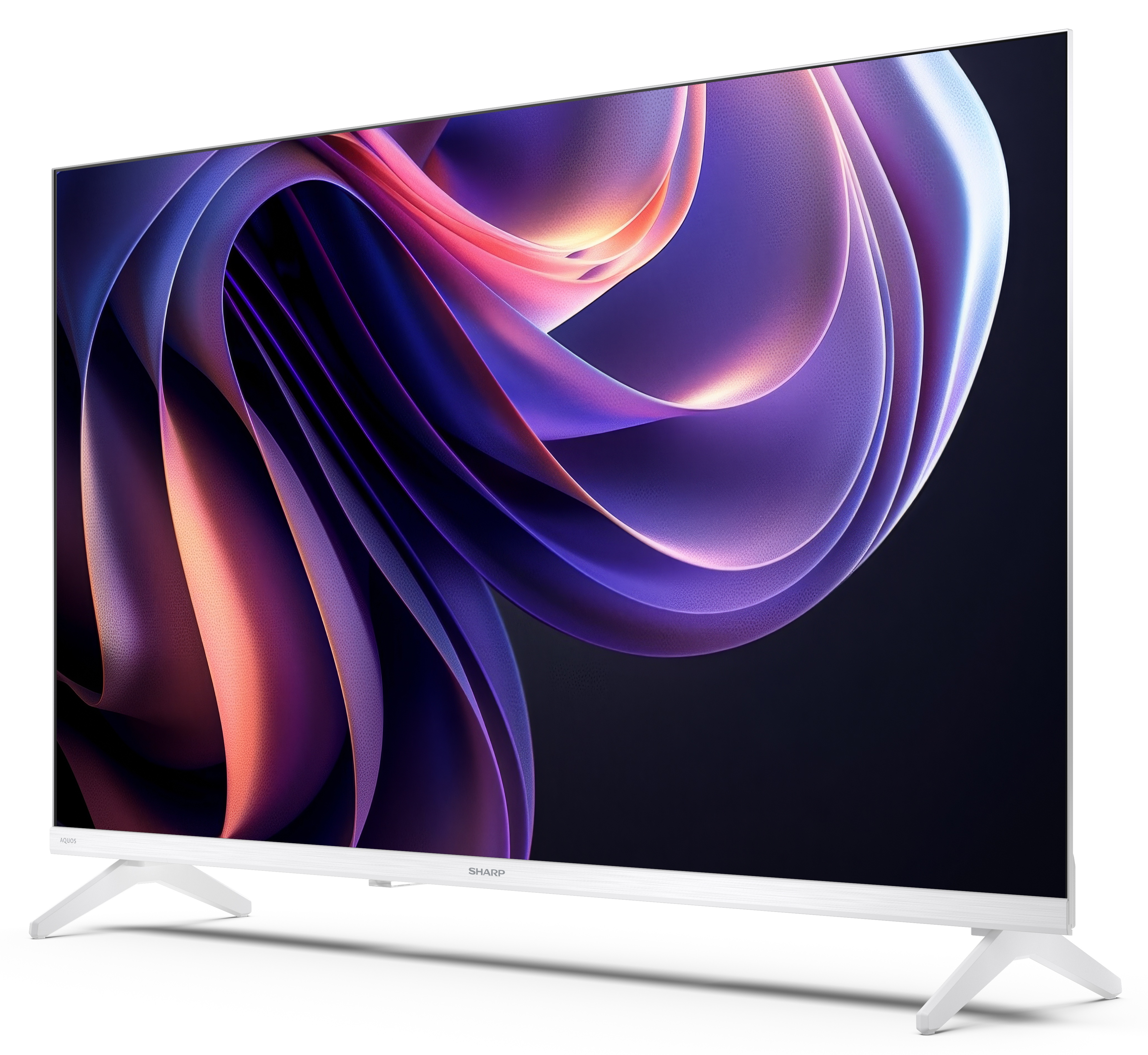 Biały telewizor Sharp wyświetla kolorowy, abstrakcyjny wzór. Telewizor stoi na białym stojaku. Ekran wyświetla kolory fioletowy, różowy i pomarańczowy.