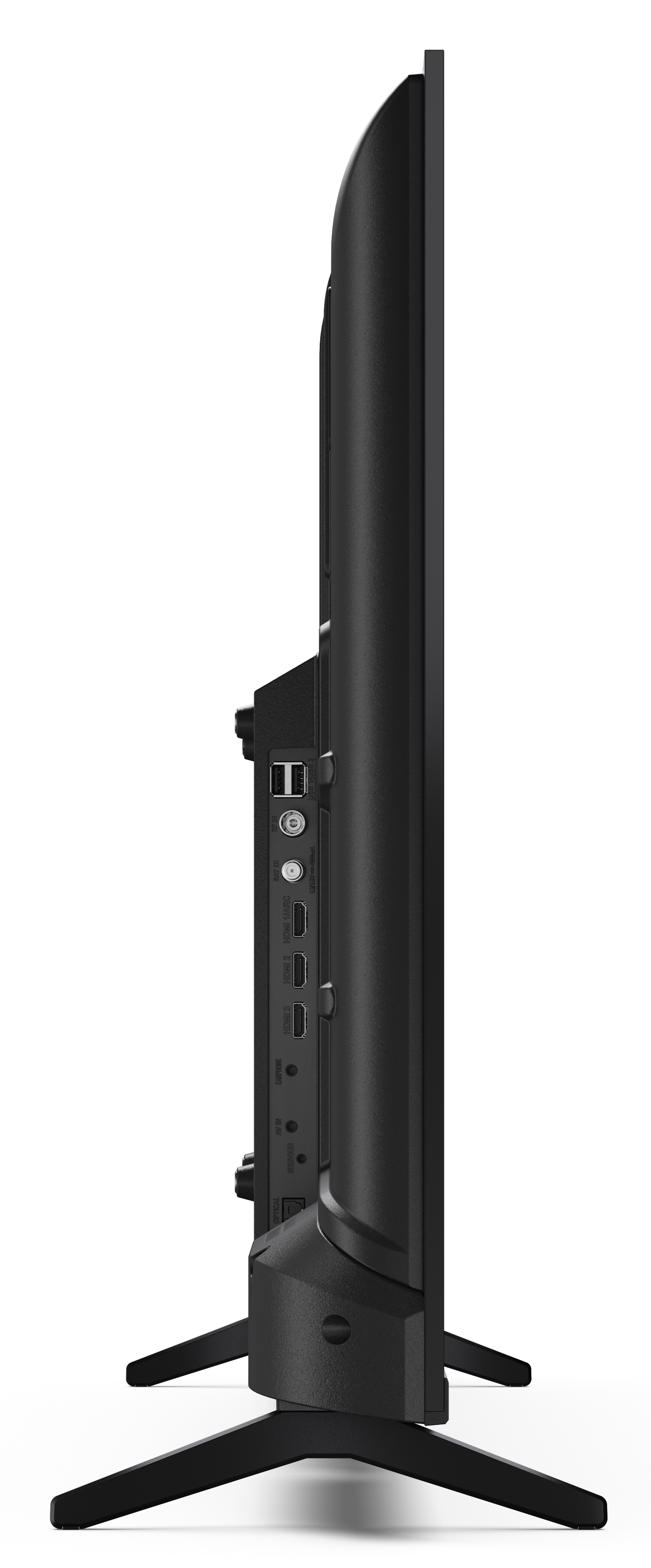 Widok z boku czarnego telewizora. Widoczne porty. Ma stojak z dwiema nogami. Tło jest białe.