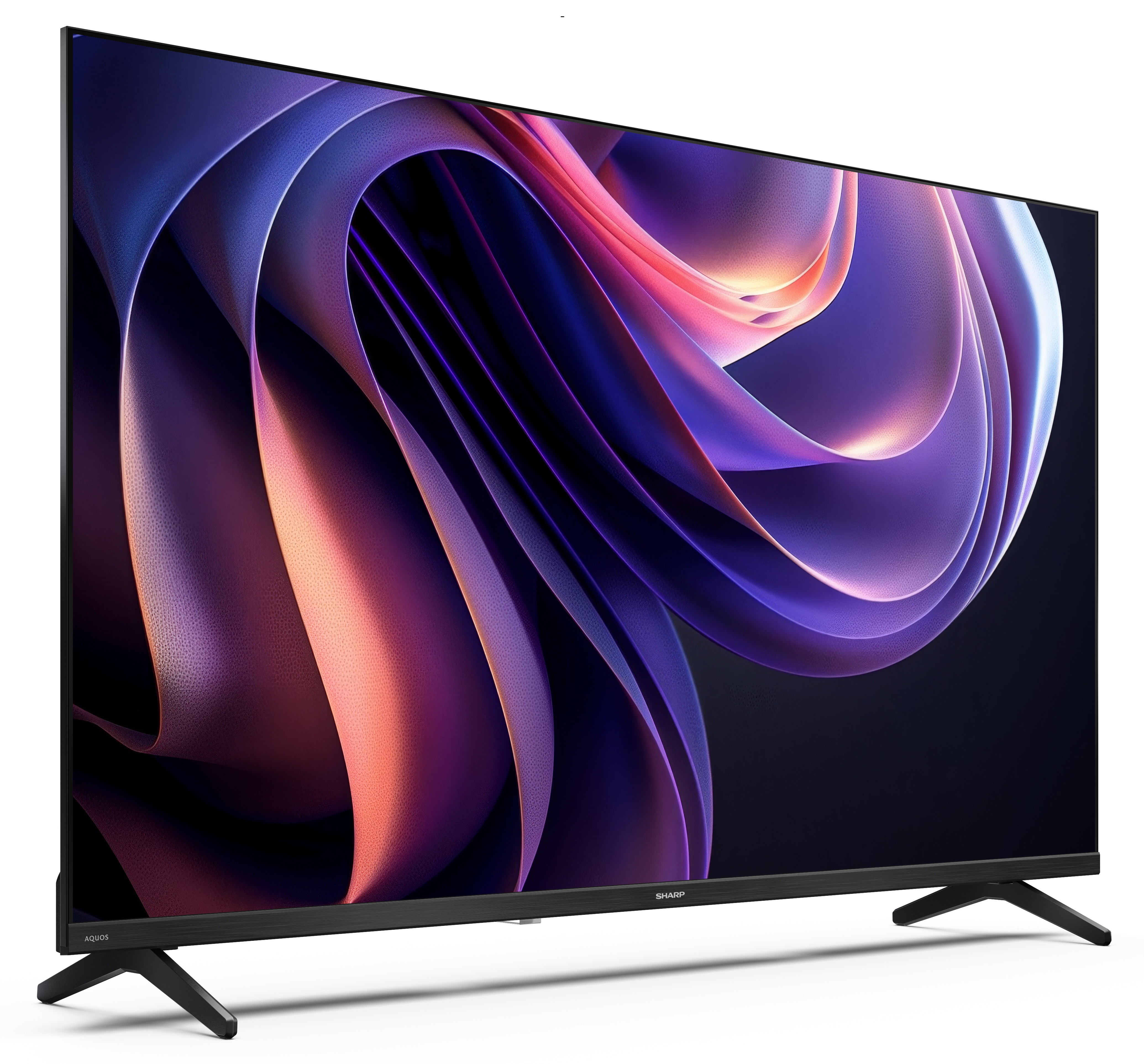 Telewizor Sharp Aquos wyświetla kolorowy, abstrakcyjny wzór. Telewizor stoi na białej powierzchni z czarnymi nogami.