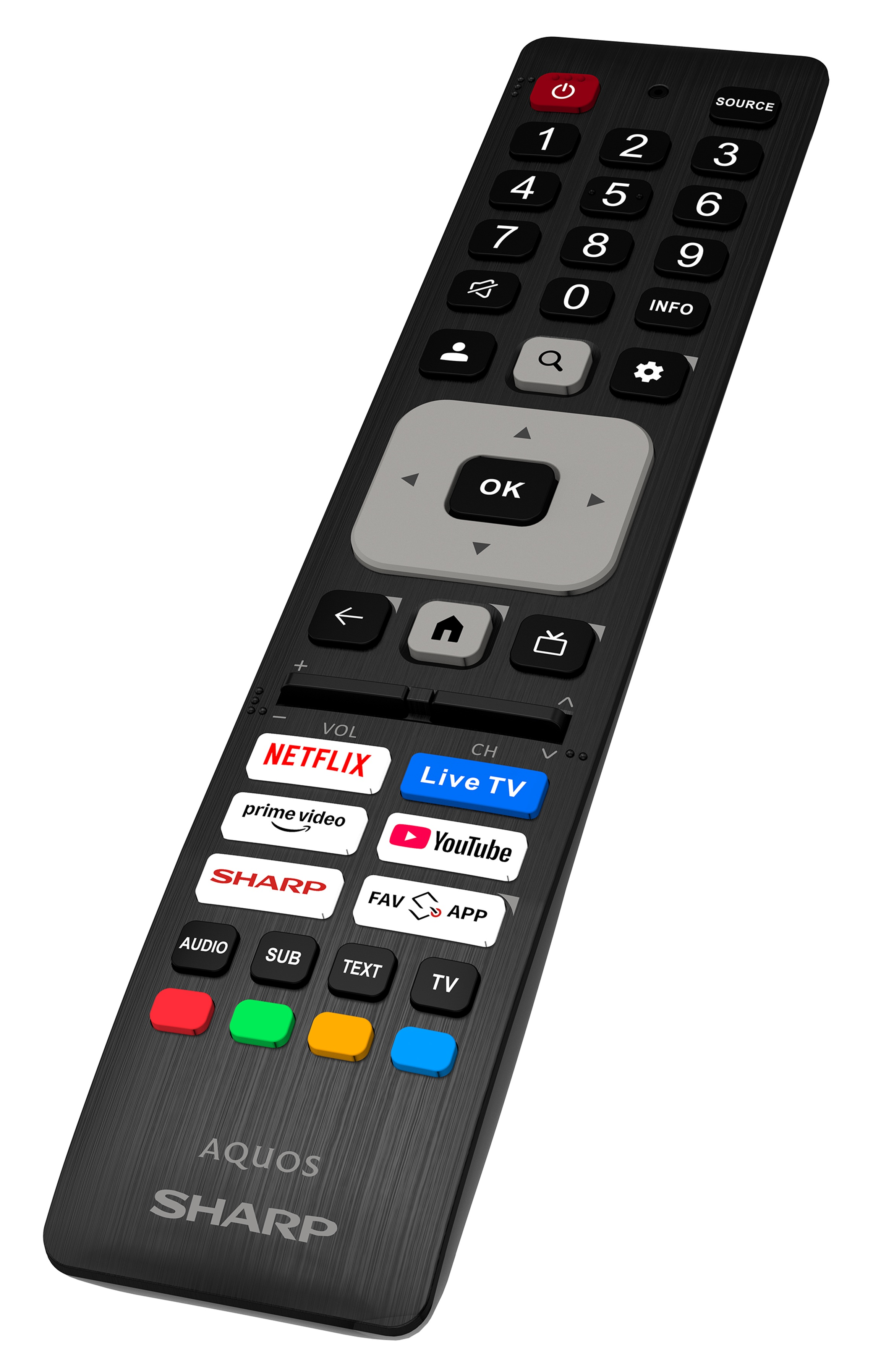 Czarny pilot do telewizora Sharp z przyciskami zasilania, numerami, Netflix, YouTube, głośności i wyboru kanału.
