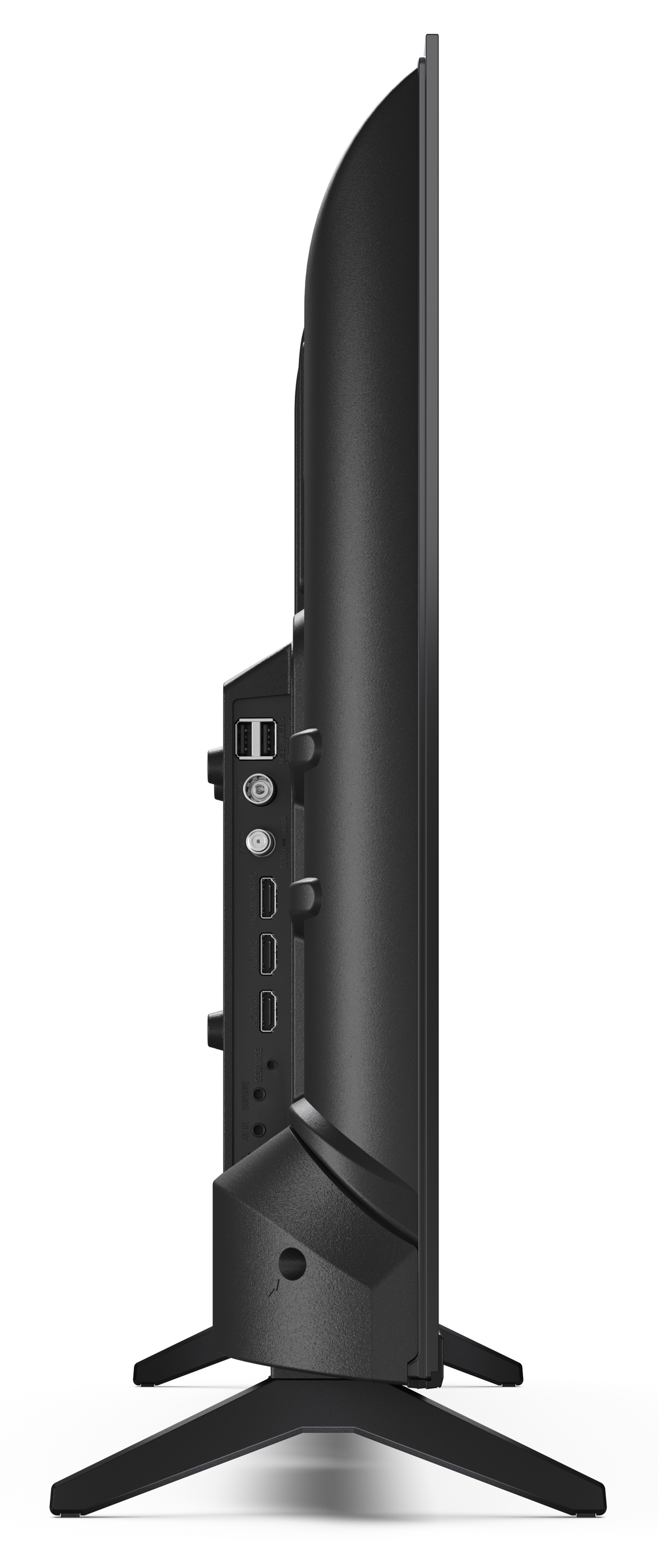 Widok z boku czarnego telewizora z portami i podstawą. Ekran jest cienki, a tył ma różne porty połączeniowe.