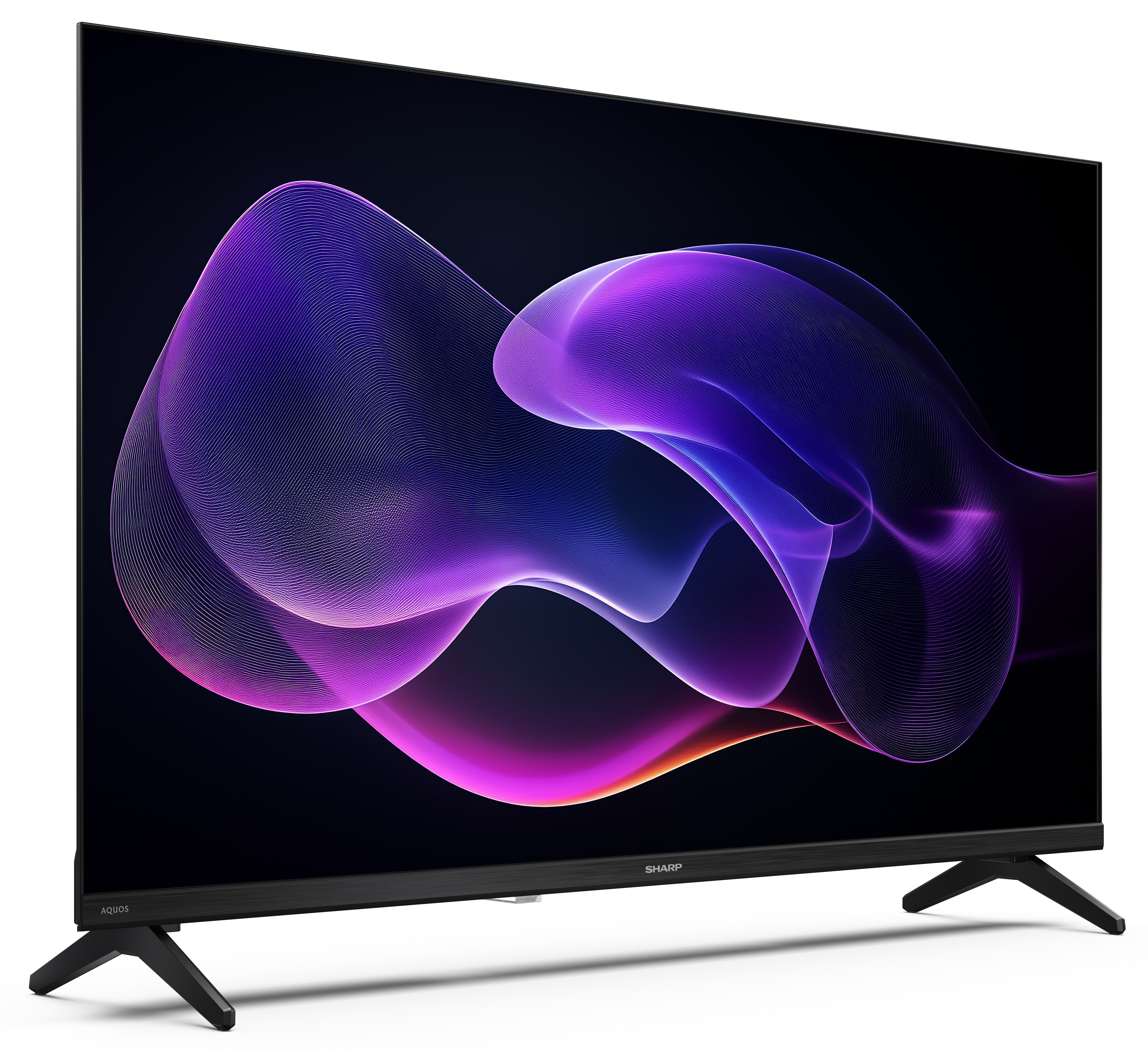 Telewizor Sharp Aquos wyświetla abstrakcyjne fioletowe i różowe fale na czarnym ekranie. Stoi na czarnych nóżkach na białym tle.