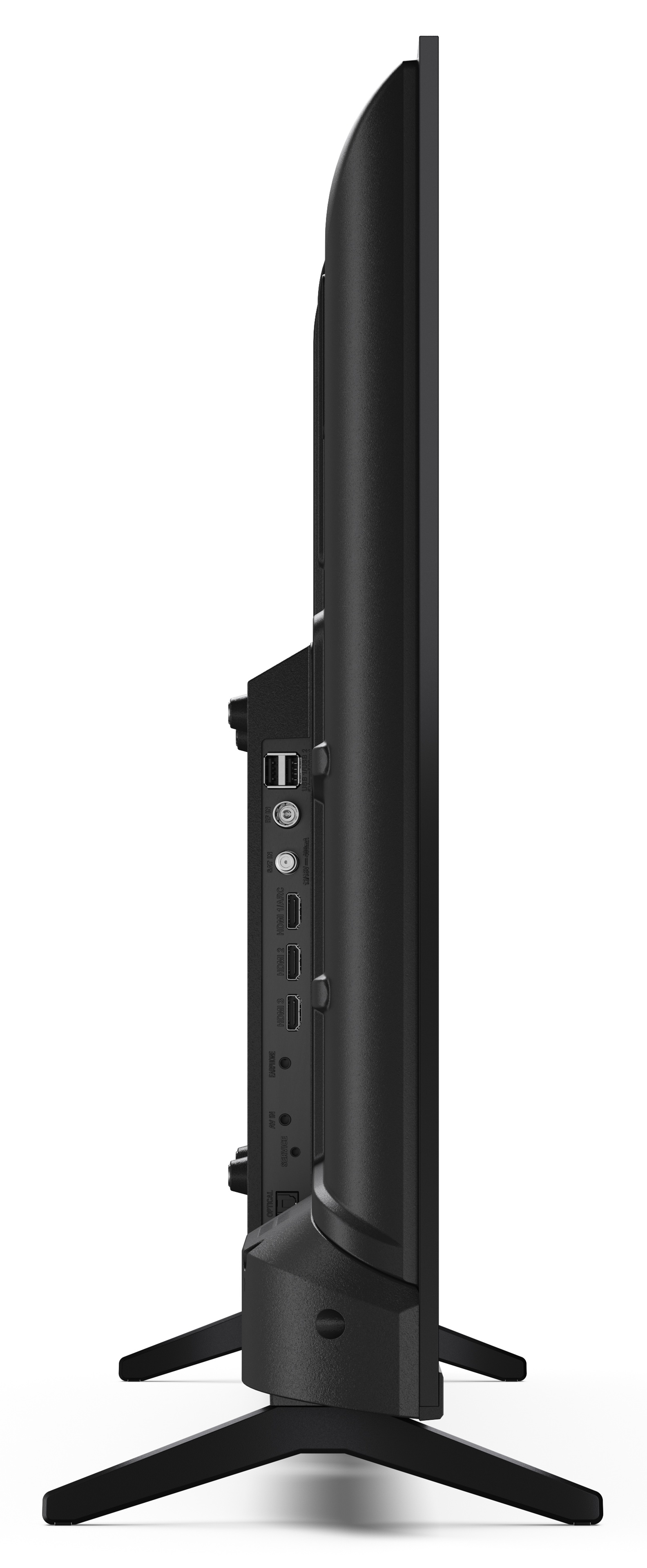 Widok z boku czarnego telewizora. Widoczne porty i złącza. Umieszczony na białej powierzchni.