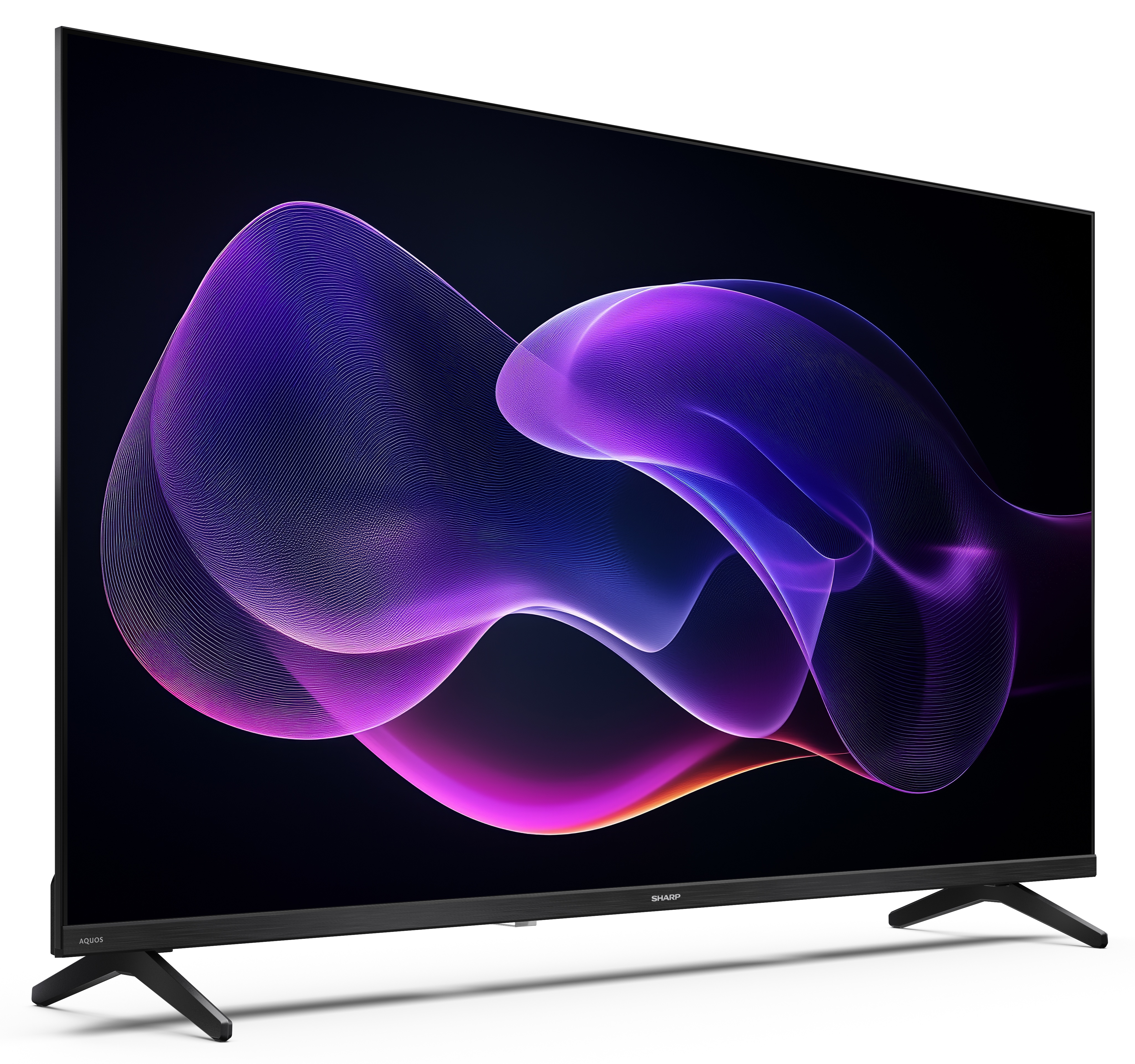 Telewizor Sharp Aquos wyświetla fioletowo-różowy abstrakcyjny wzór na czarnym tle. Telewizor stoi na czarnych nóżkach.