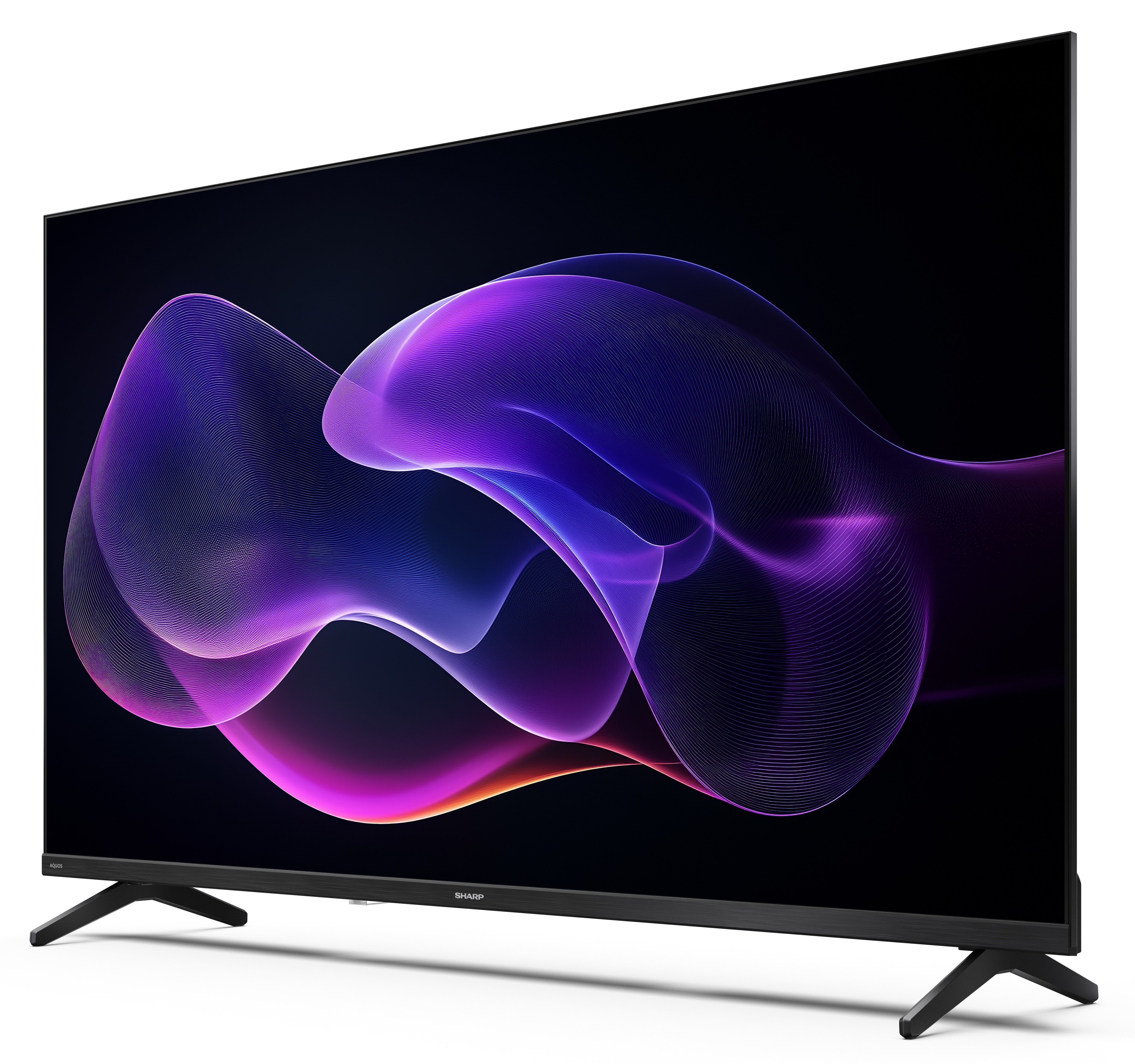 Czarny telewizor Sharp wyświetla fioletowo-niebieski abstrakcyjny wzór. Telewizor stoi na białej powierzchni.