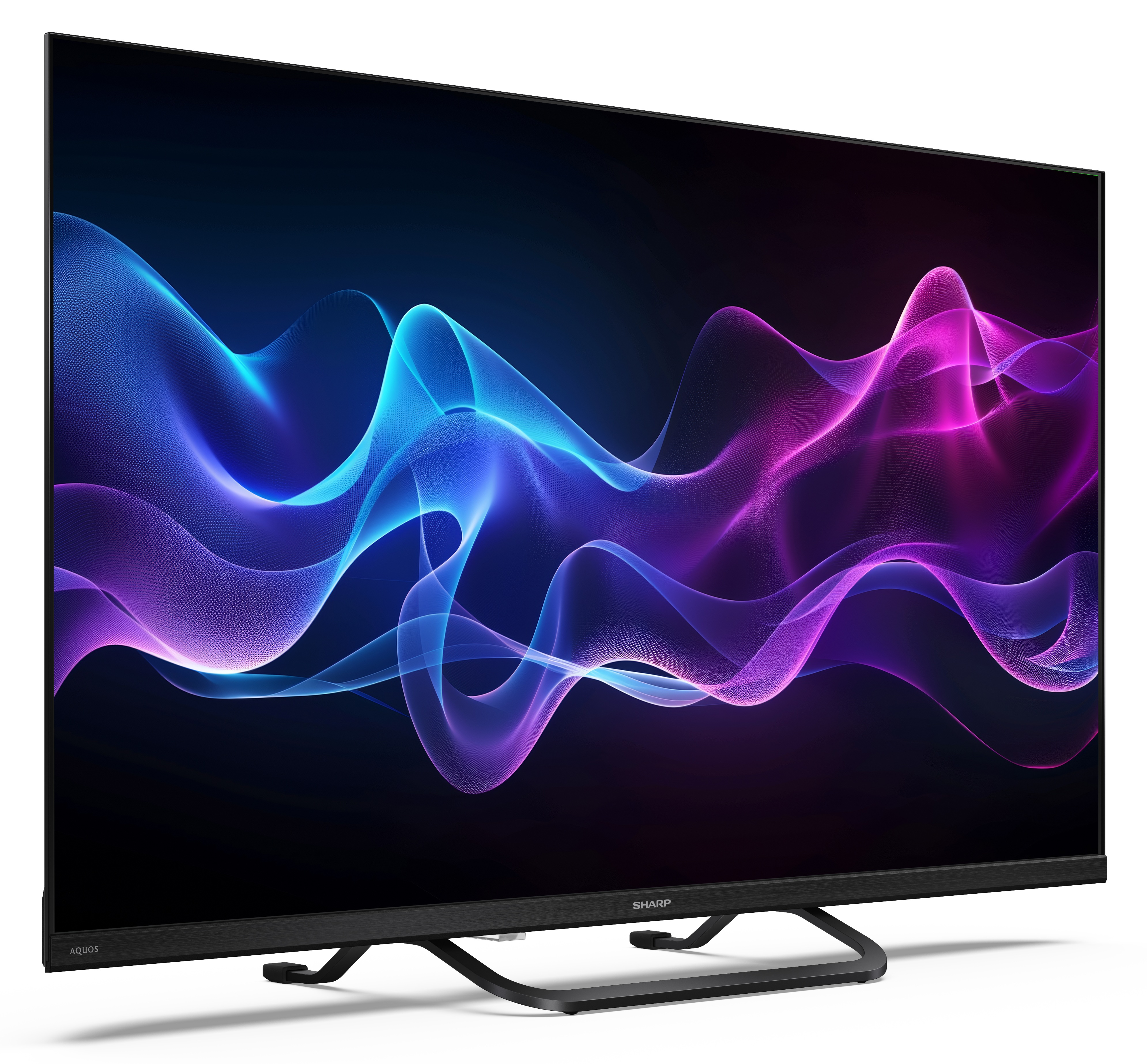 Telewizor Sharp Aquos wyświetla niebieskie i fioletowe płynące abstrakcyjne wzory. Telewizor stoi na białej powierzchni.