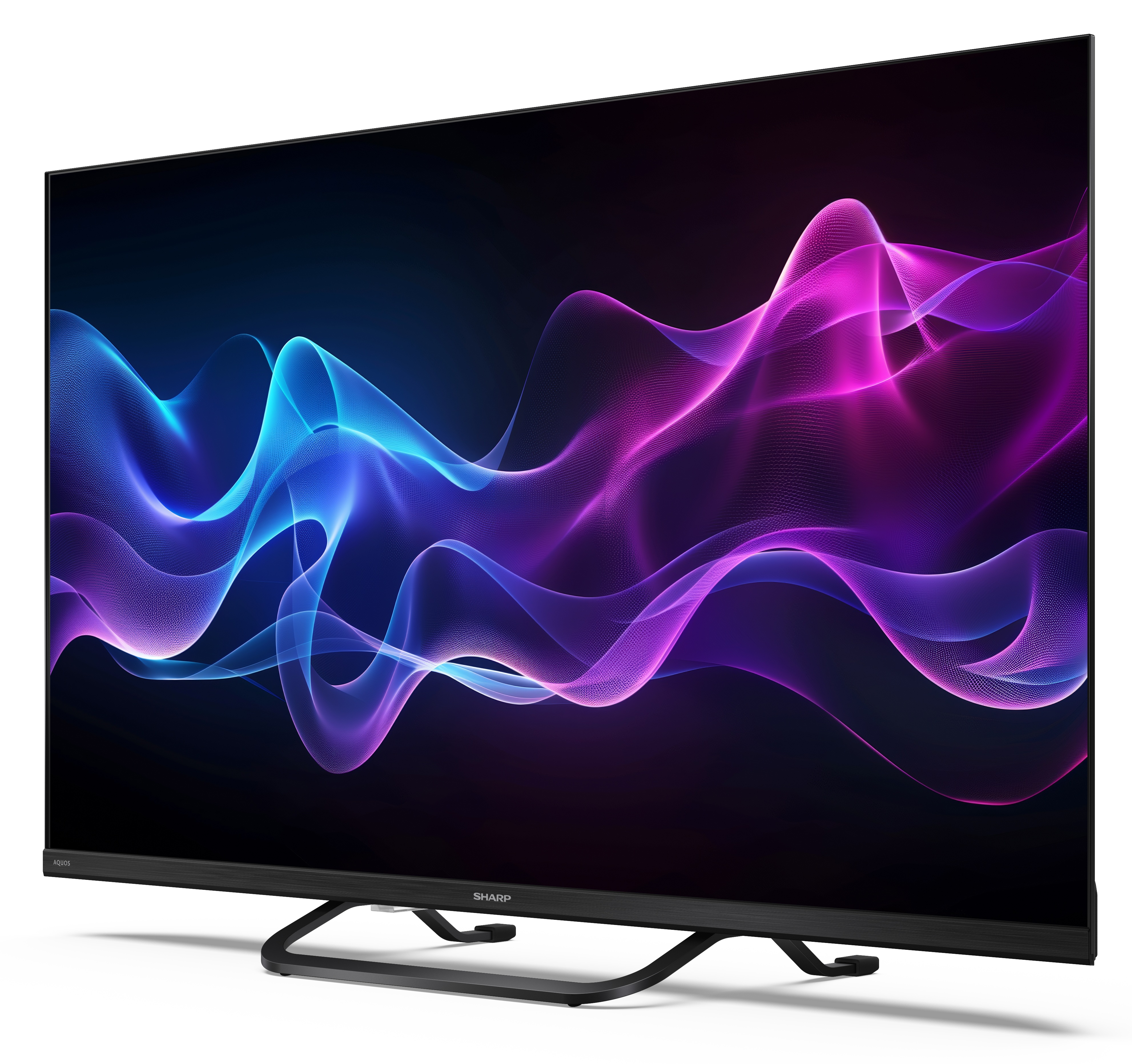 Telewizor Sharp wyświetla ekran z abstrakcyjnymi wzorami fal w kolorze niebieskim i fioletowym na czarnym tle.