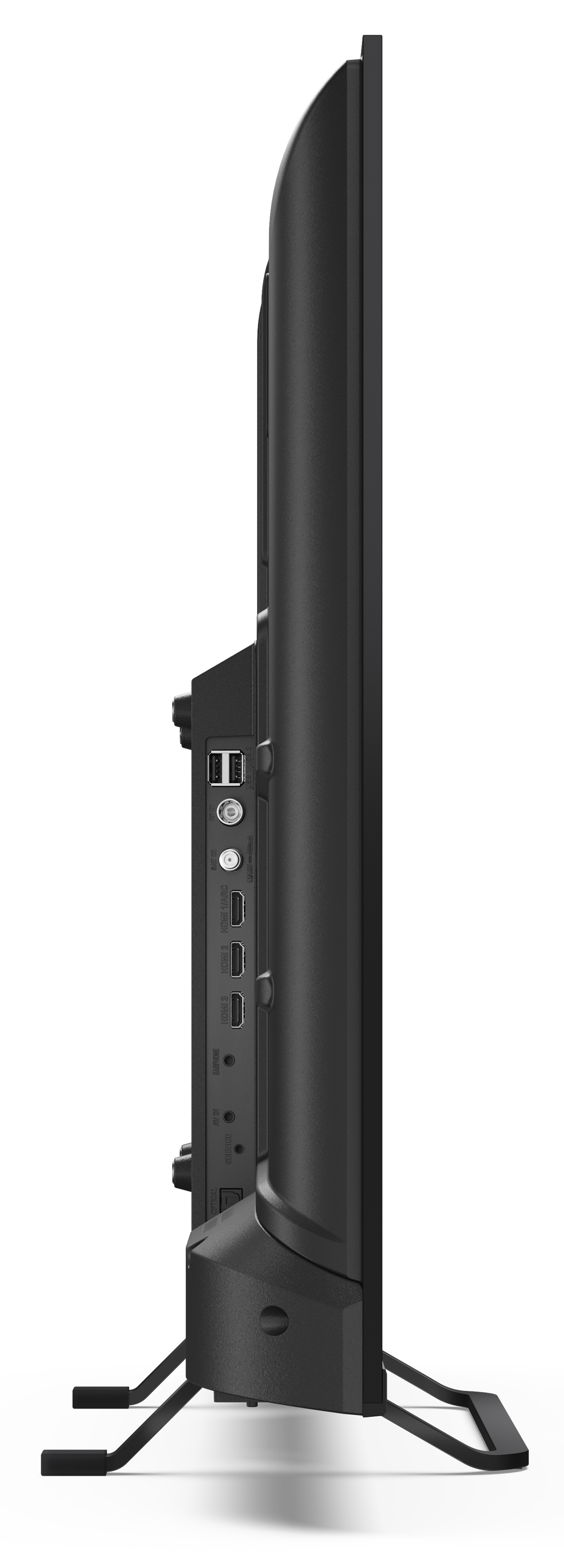 Czarny telewizor z boku. Posiada porty USB, HDMI i inne. Na białym tle.