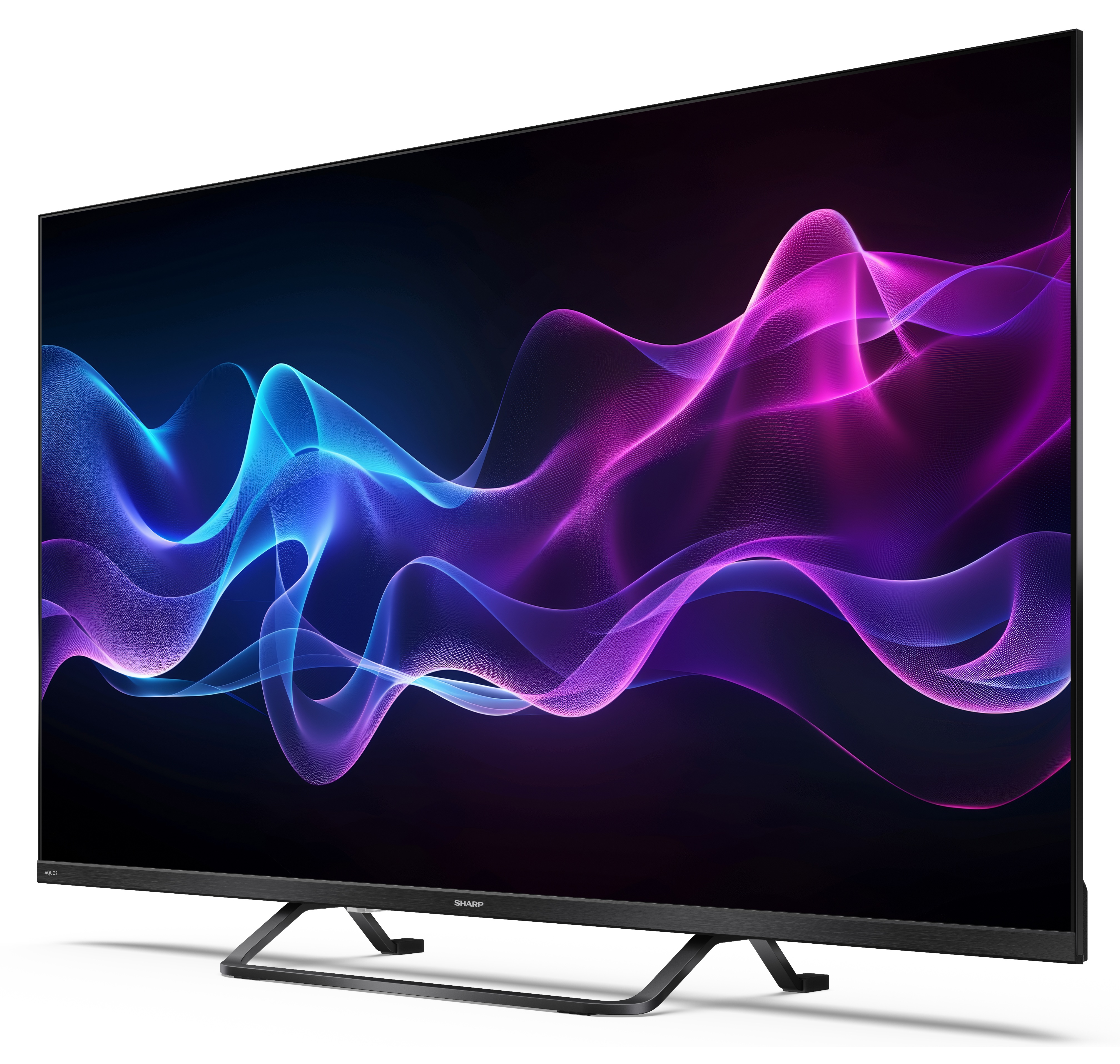 Duży, czarny telewizor Sharp wyświetla wirujący wzór niebieskiego i fioletowego światła na czarnym tle.