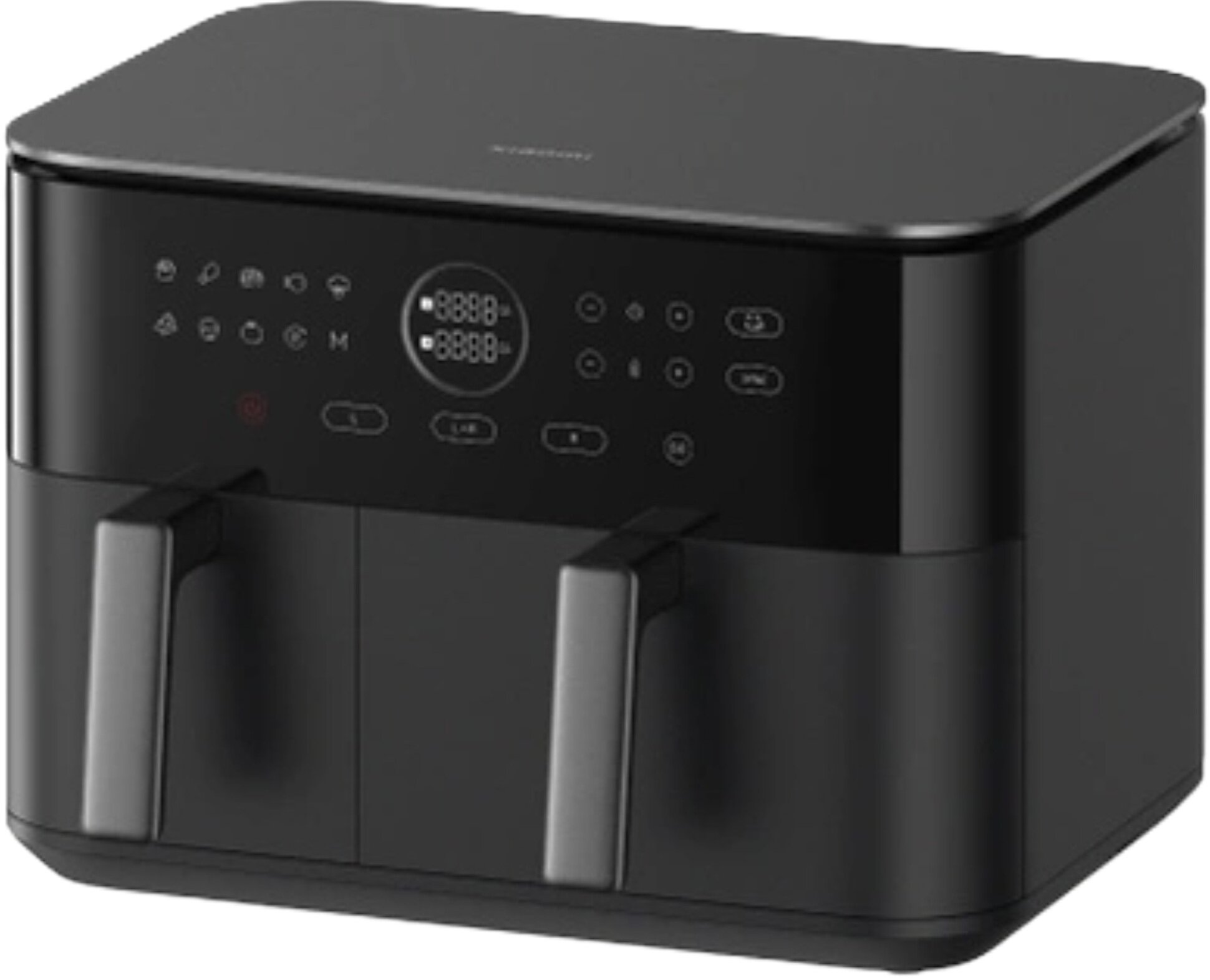 Czarna frytkownica powietrzna z cyfrowym wyświetlaczem i dwoma uchwytami. Przyciski i wyświetlacze.