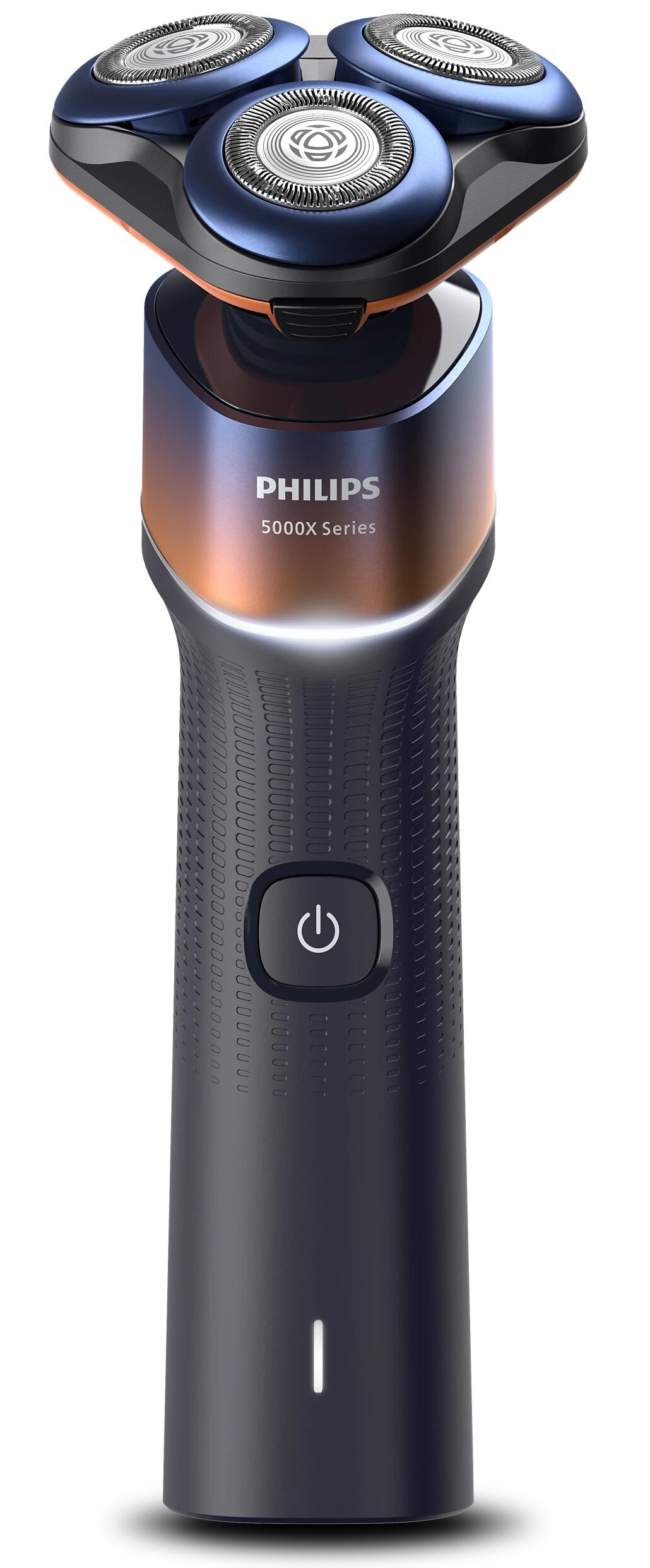 Golarka elektryczna Philips serii 5000X. Ma trzy głowice obrotowe, przycisk zasilania i wskaźnik baterii. Kolor jest ciemnoniebieski i pomarańczowy.