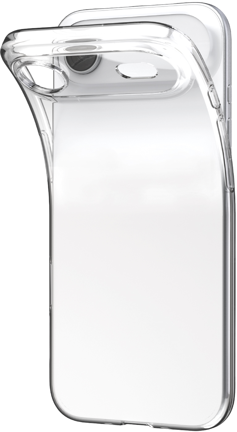 Przezroczyste etui na telefon jest pokazane, umieszczone na tylnej stronie telefonu. Etui ma wycięcia na aparat i przyciski.