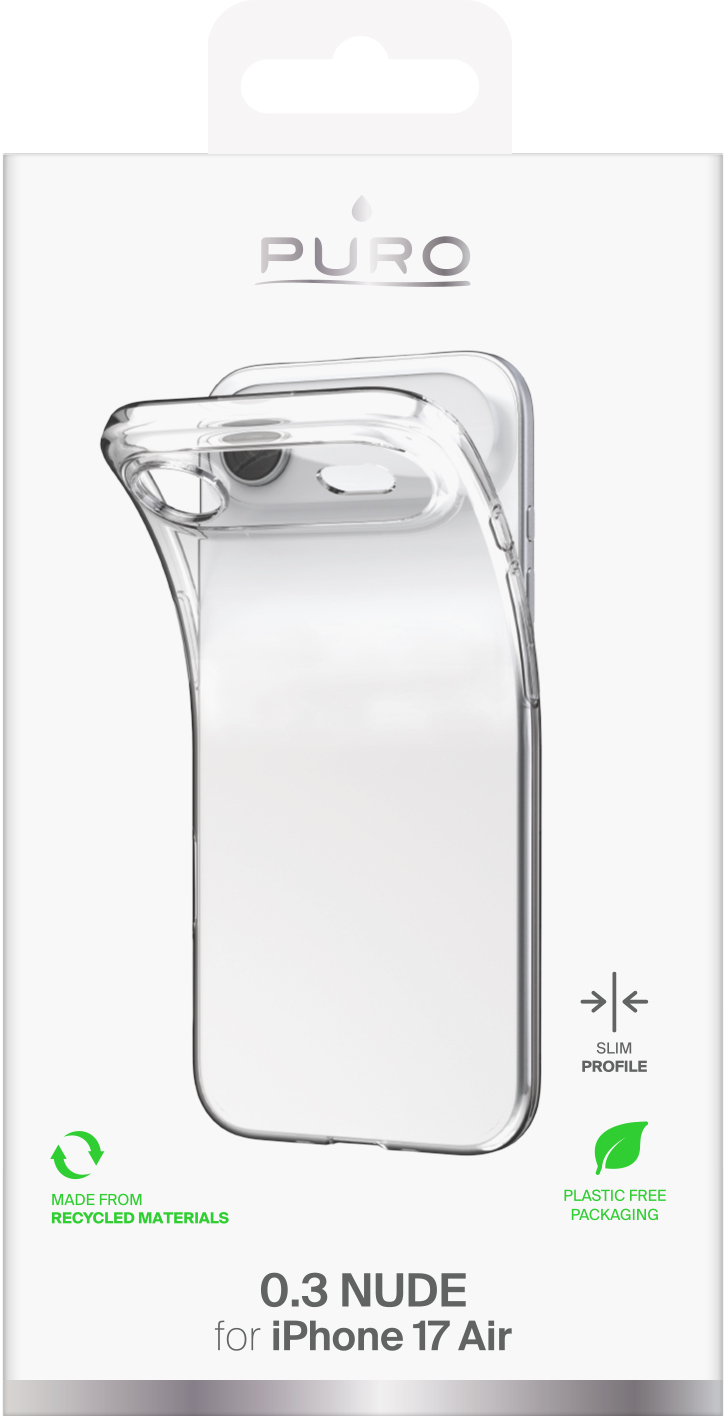 Przezroczyste etui na iPhone na białym tle. Opakowanie z logo, tekstem i ikonami wskazującymi na materiały z recyklingu, smukły profil i brak plastiku.