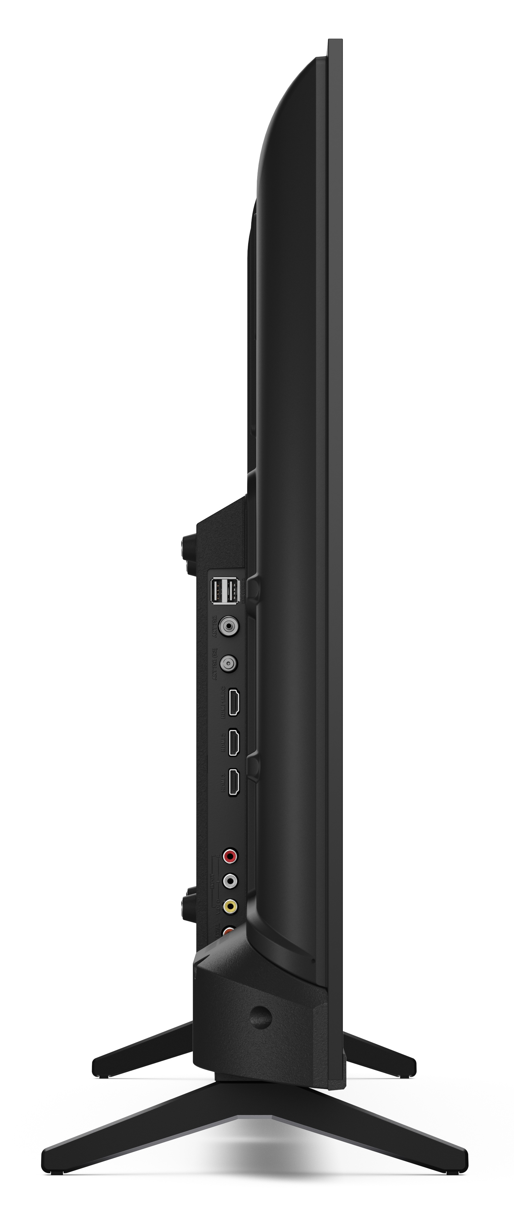Widok z boku czarnego telewizora. Zawiera porty, podstawę i ramę. Telewizor jest na białym tle.