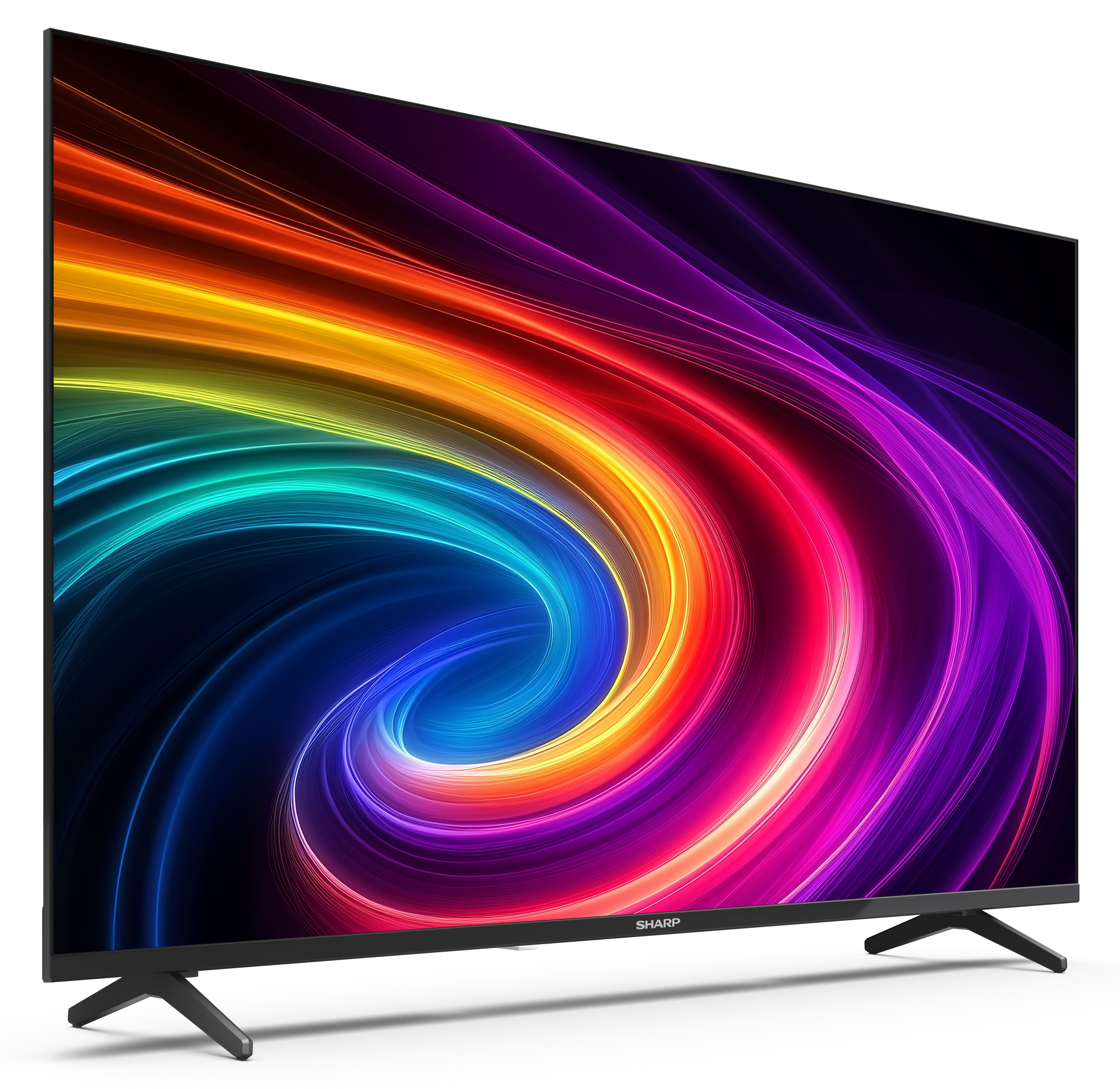 Telewizor Sharp wyświetla kolorowy, abstrakcyjny obraz. Telewizor ma czarną ramkę i podstawę. Tło jest białe.