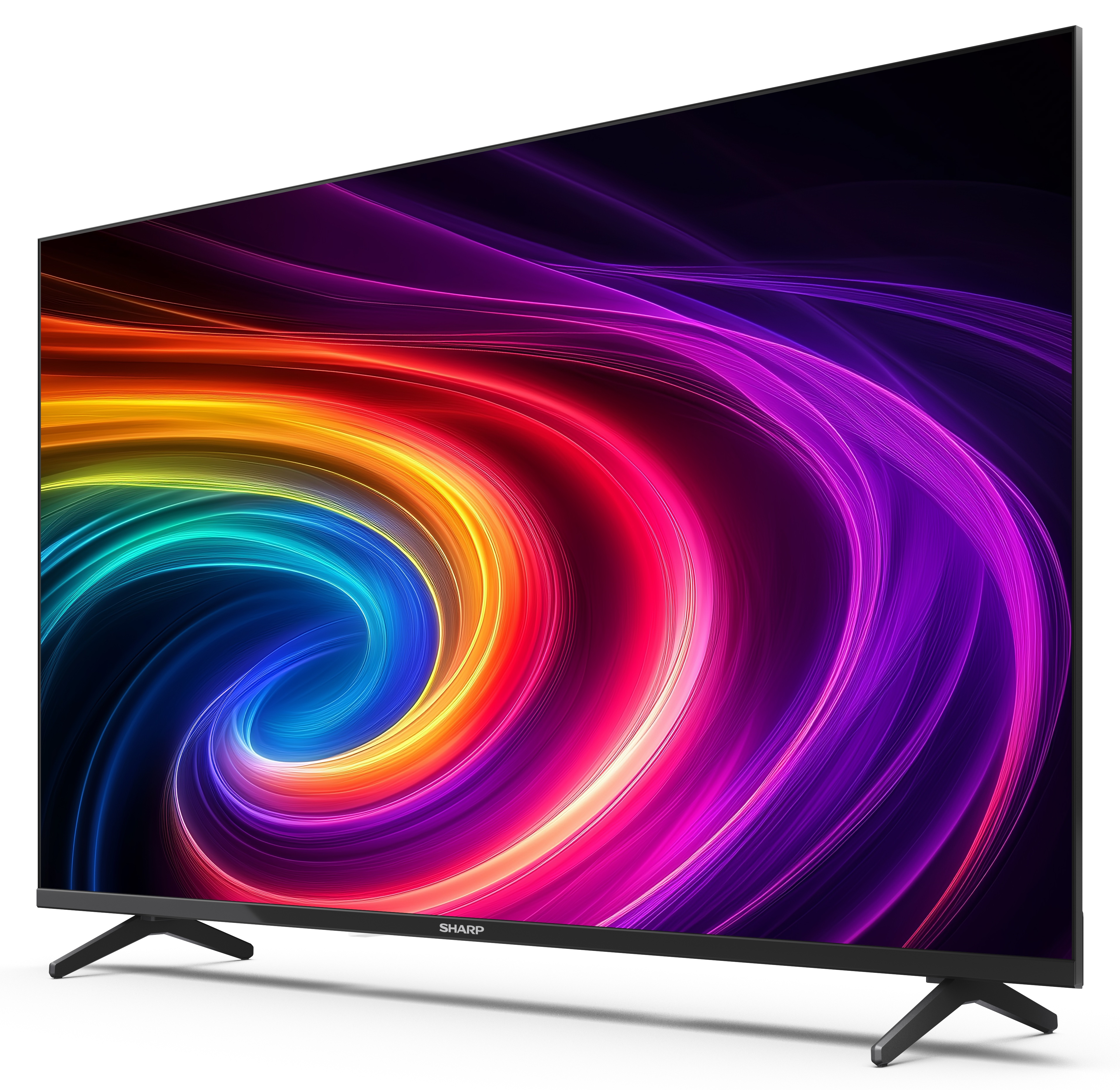 Telewizor Sharp wyświetla kolorowy, wirujący abstrakcyjny wzór na ekranie. Telewizor jest czarny i ustawiony pod kątem na białej powierzchni.