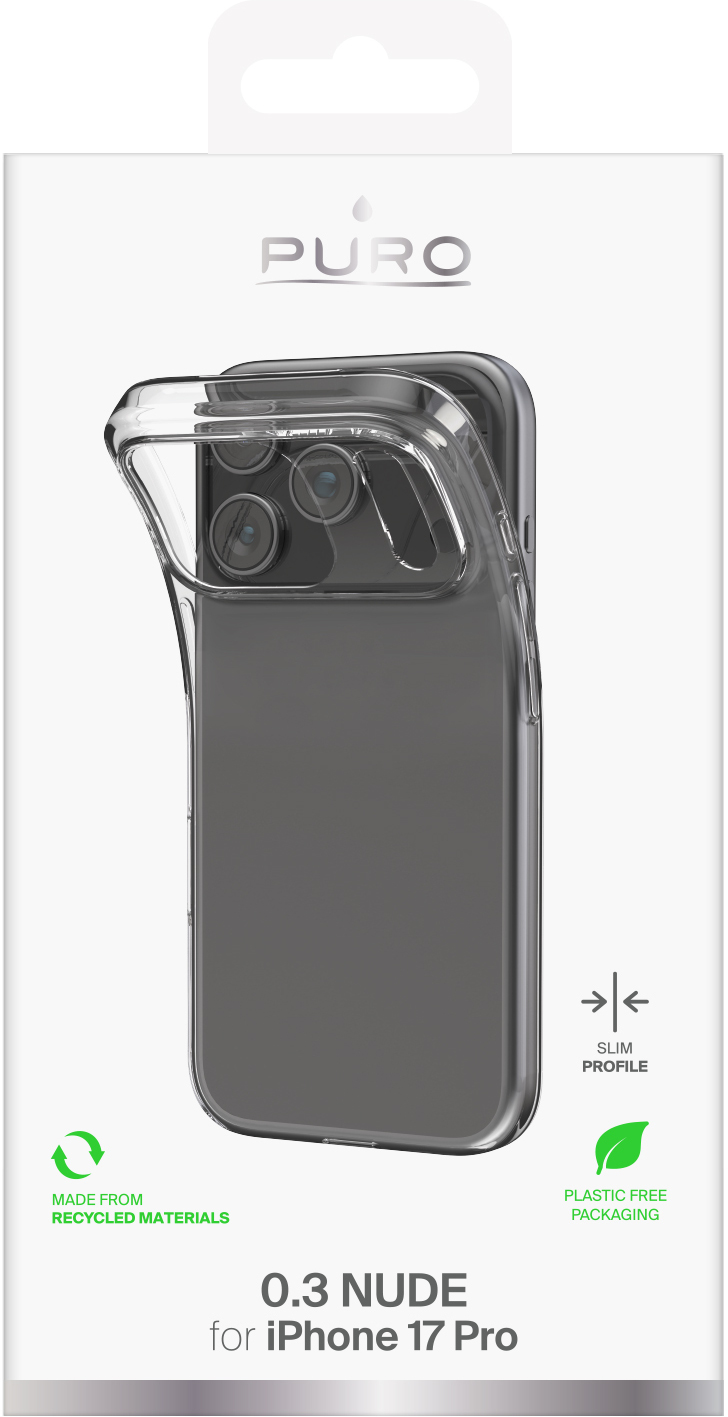 Przezroczyste etui na telefon na białym tle, z logo Puro i tekstem wskazującym na materiały pochodzące z recyklingu i opakowania bez plastiku.