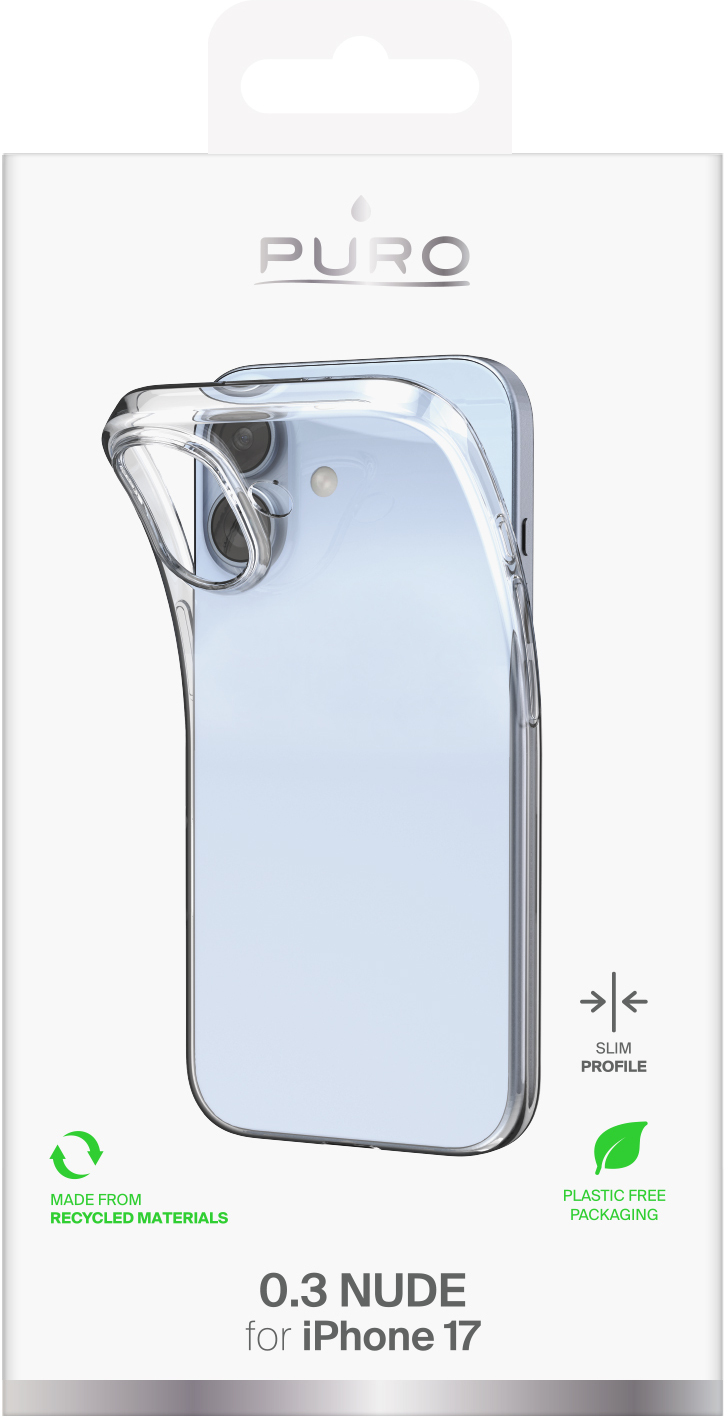 Przezroczyste etui na iPhone 17, na białym opakowaniu. Napisy: 'PURO', '0.3 NUDE', 'materiały z recyklingu' i 'bez plastiku'.