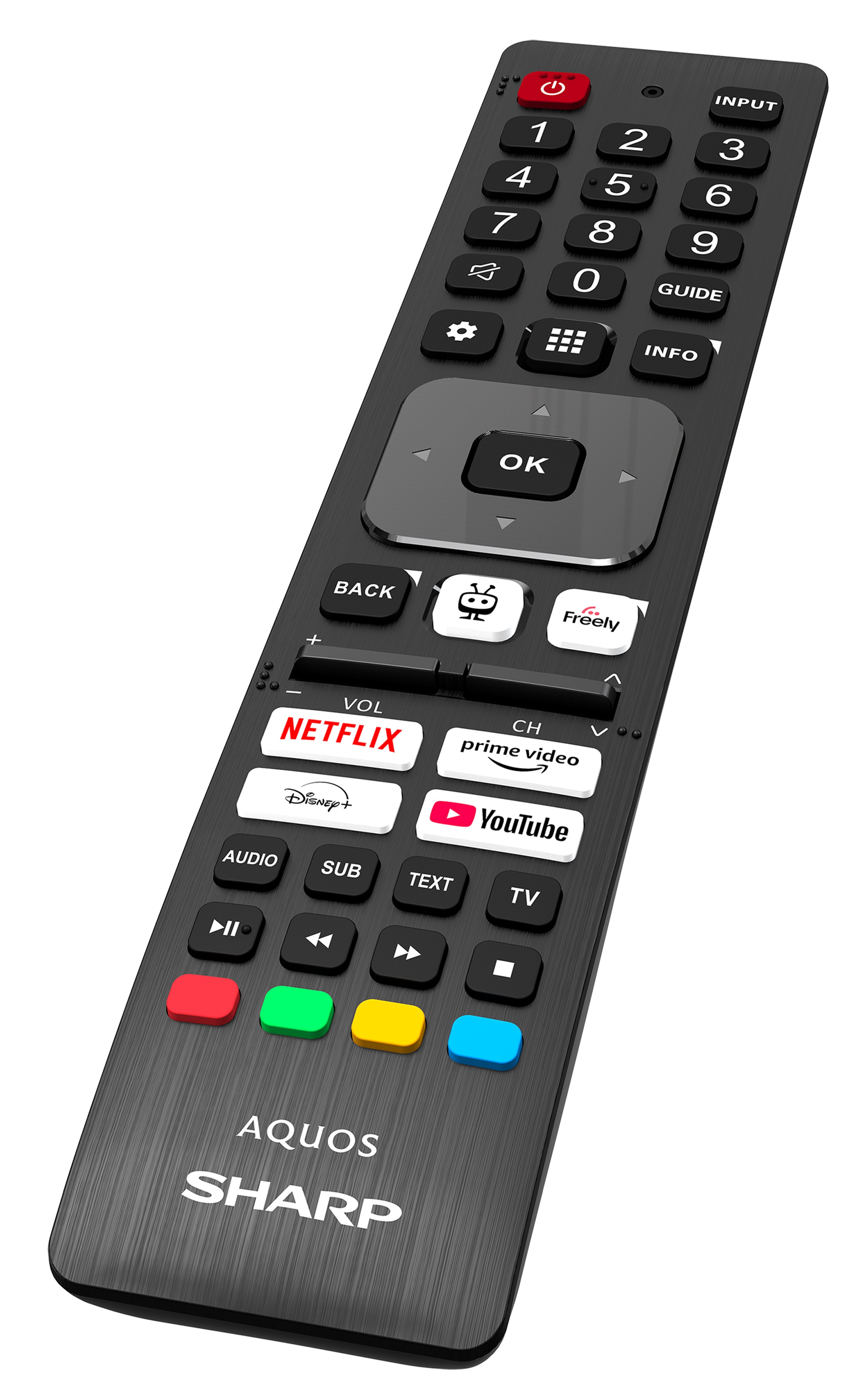 Czarny pilot Sharp Aquos z przyciskami zasilania, głośności, Netflix, YouTube i wyboru kanału.