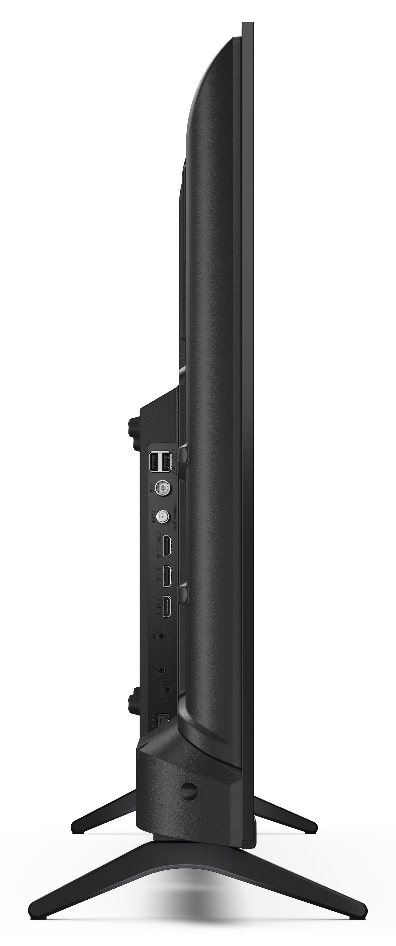 Widok z boku czarnego telewizora z płaskim ekranem. Ma podstawkę. Porty są widoczne z boku. Tło jest białe.