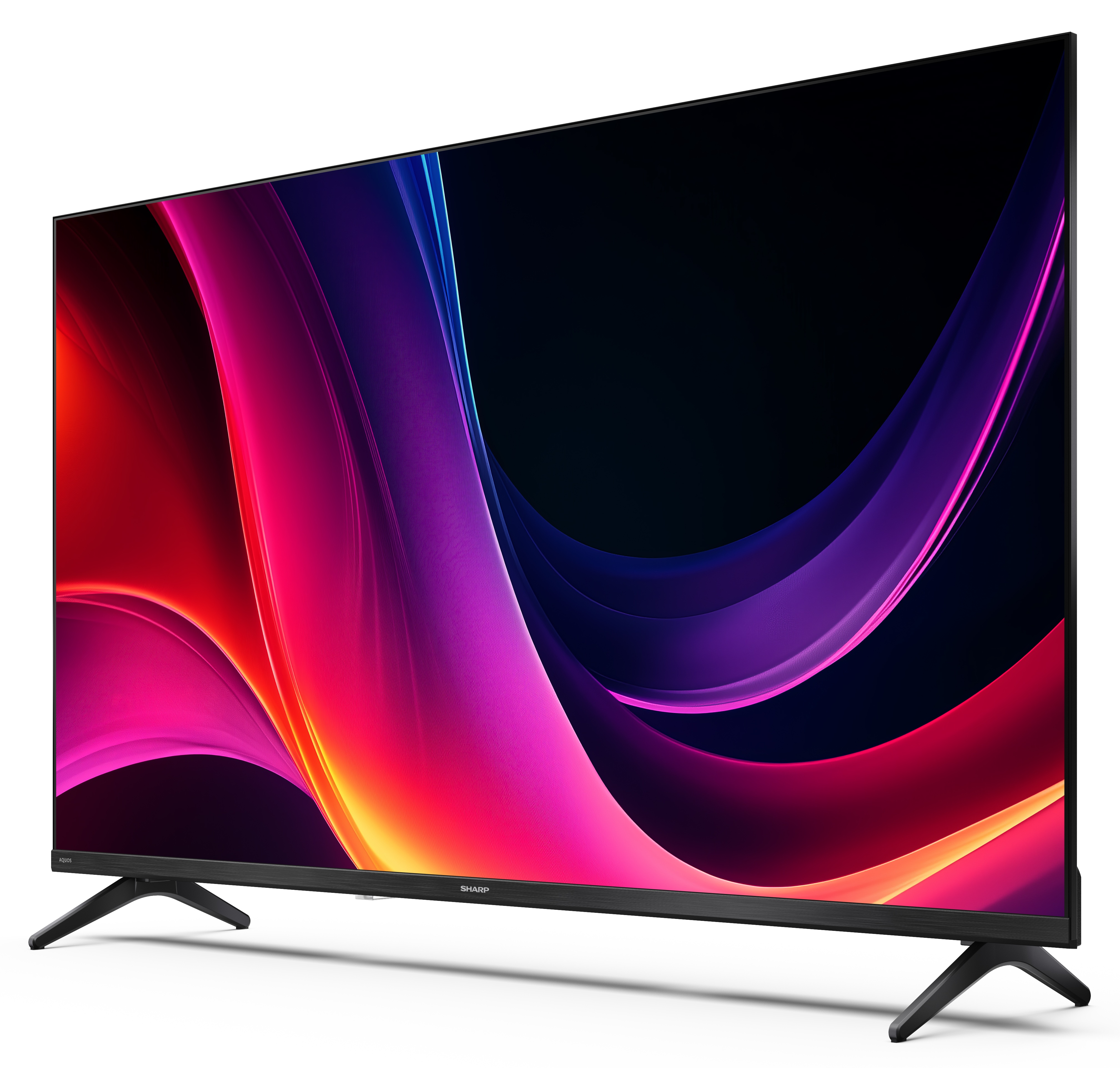 Telewizor Sharp z kolorowym, abstrakcyjnym wyświetlaczem, z czarnymi nogami, na białym tle.