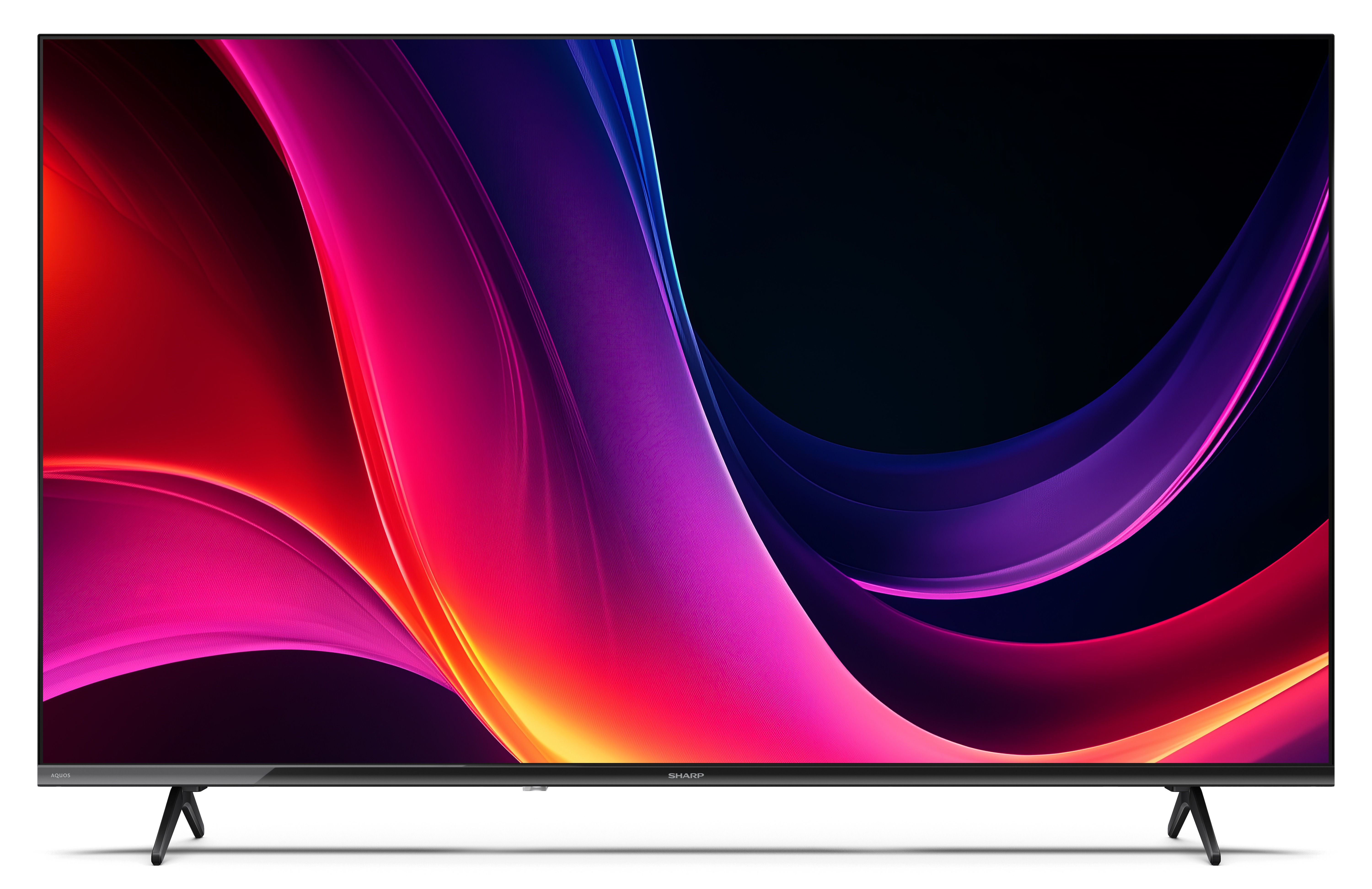 Telewizor Sharp wyświetla abstrakcyjny wzór w kolorach czerwonym, fioletowym i czarnym. Ma czarną ramę i stoi na dwóch nogach.