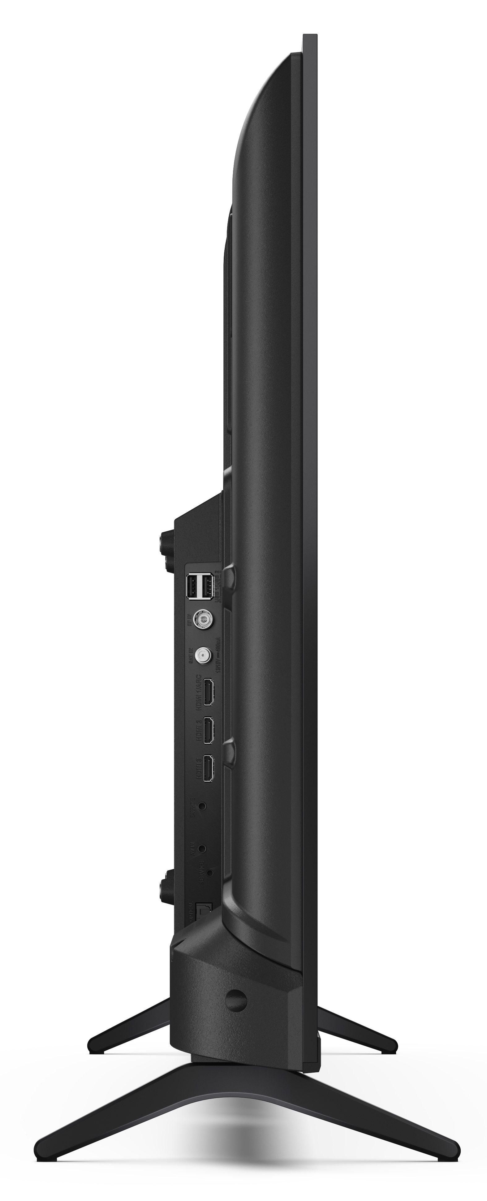 Widok z boku czarnego telewizora z płaskim ekranem. Ma porty z boku, wspierany przez dwie czarne nogi.