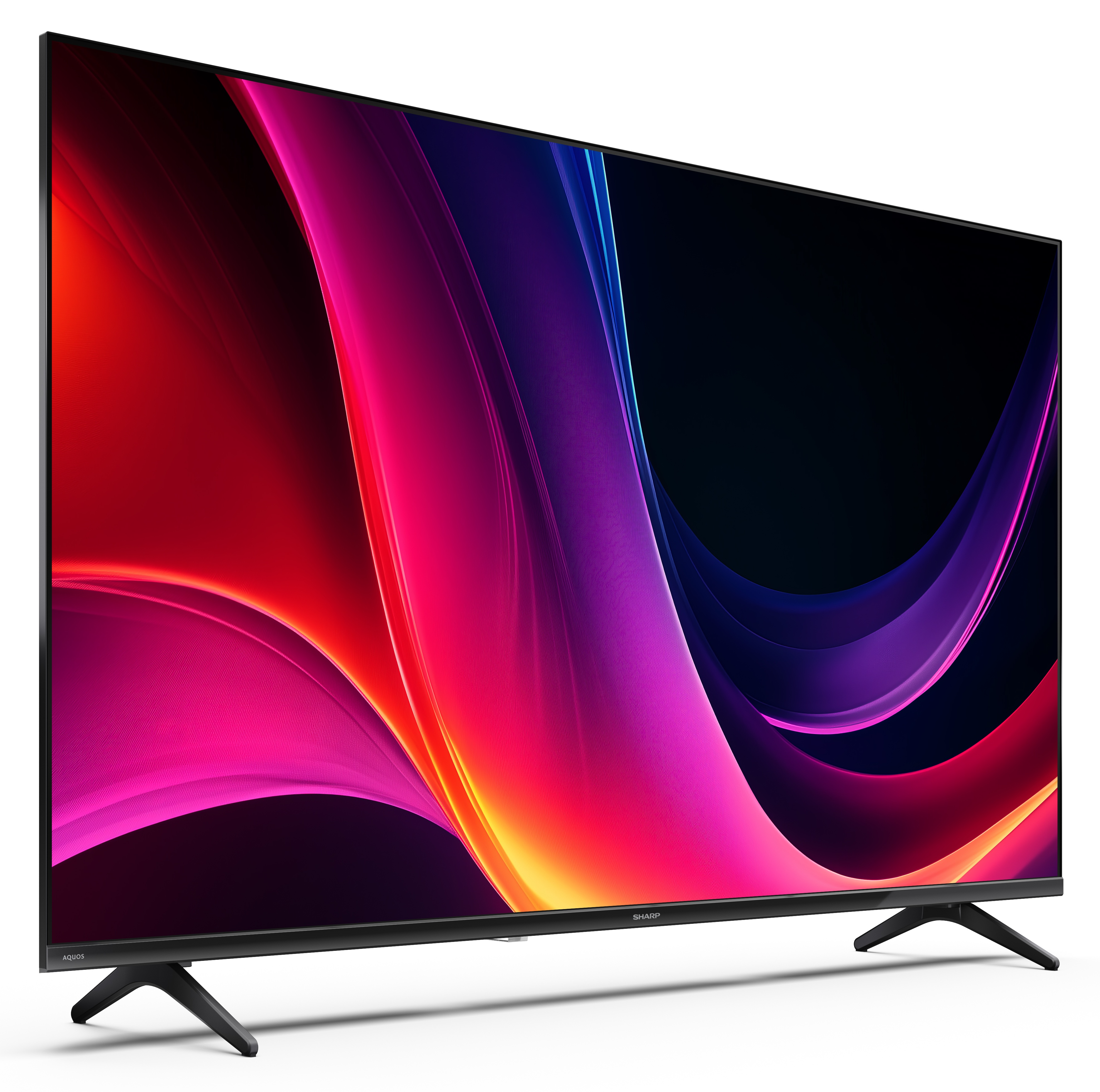 Telewizor Sharp Aquos z kolorowym wyświetlaczem czerwonych, różowych i niebieskich zakrzywionych kształtów. Telewizor na białym tle.