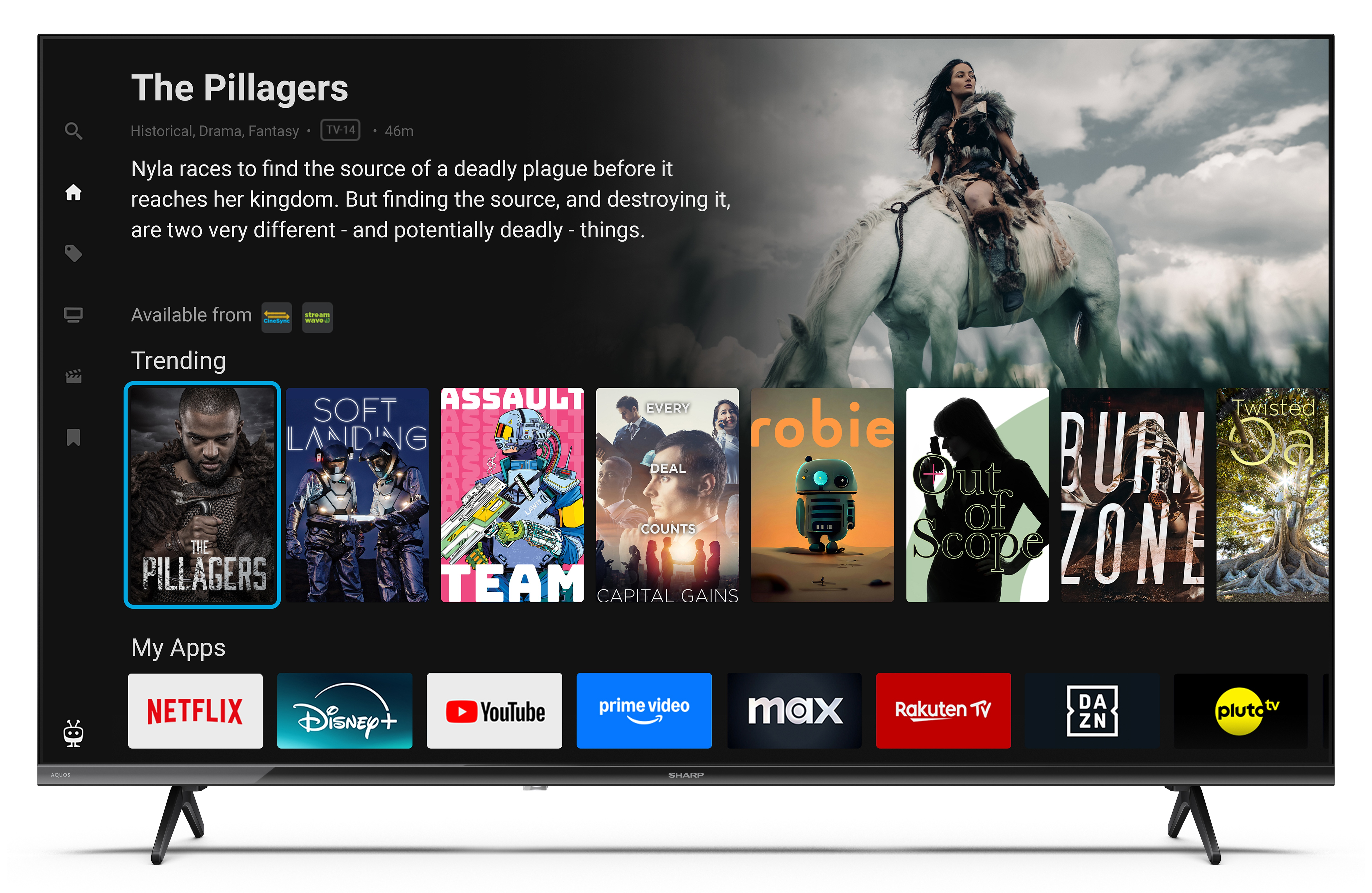 Ekran telewizora z plakatem filmu 'The Pillagers' i kobietą jadącą na białym koniu w tle.