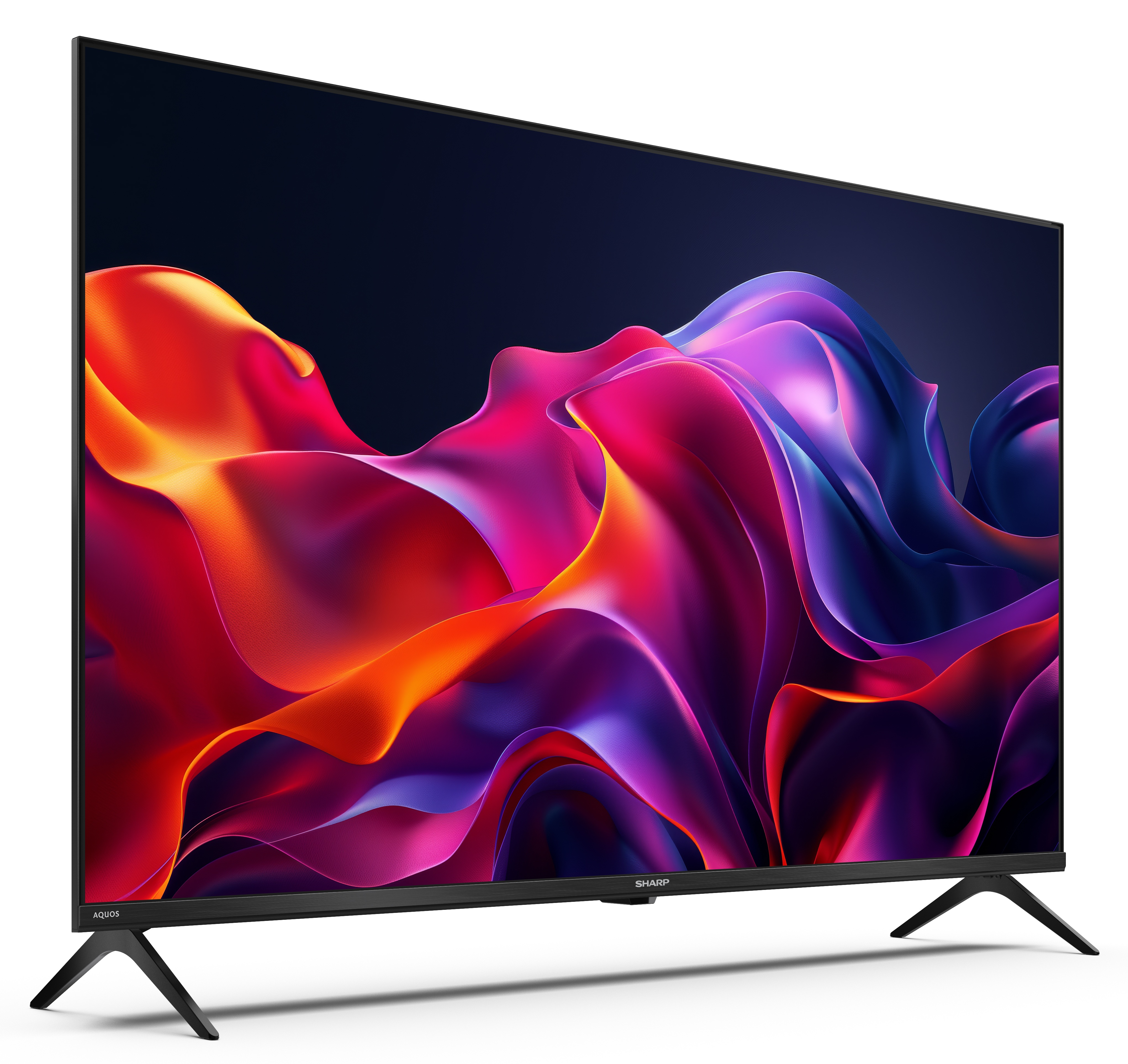 Telewizor Sharp wyświetla kolorowy, abstrakcyjny wzór. Ma czarne nogi i czarną ramę. Ekran wyświetla żywy obraz.