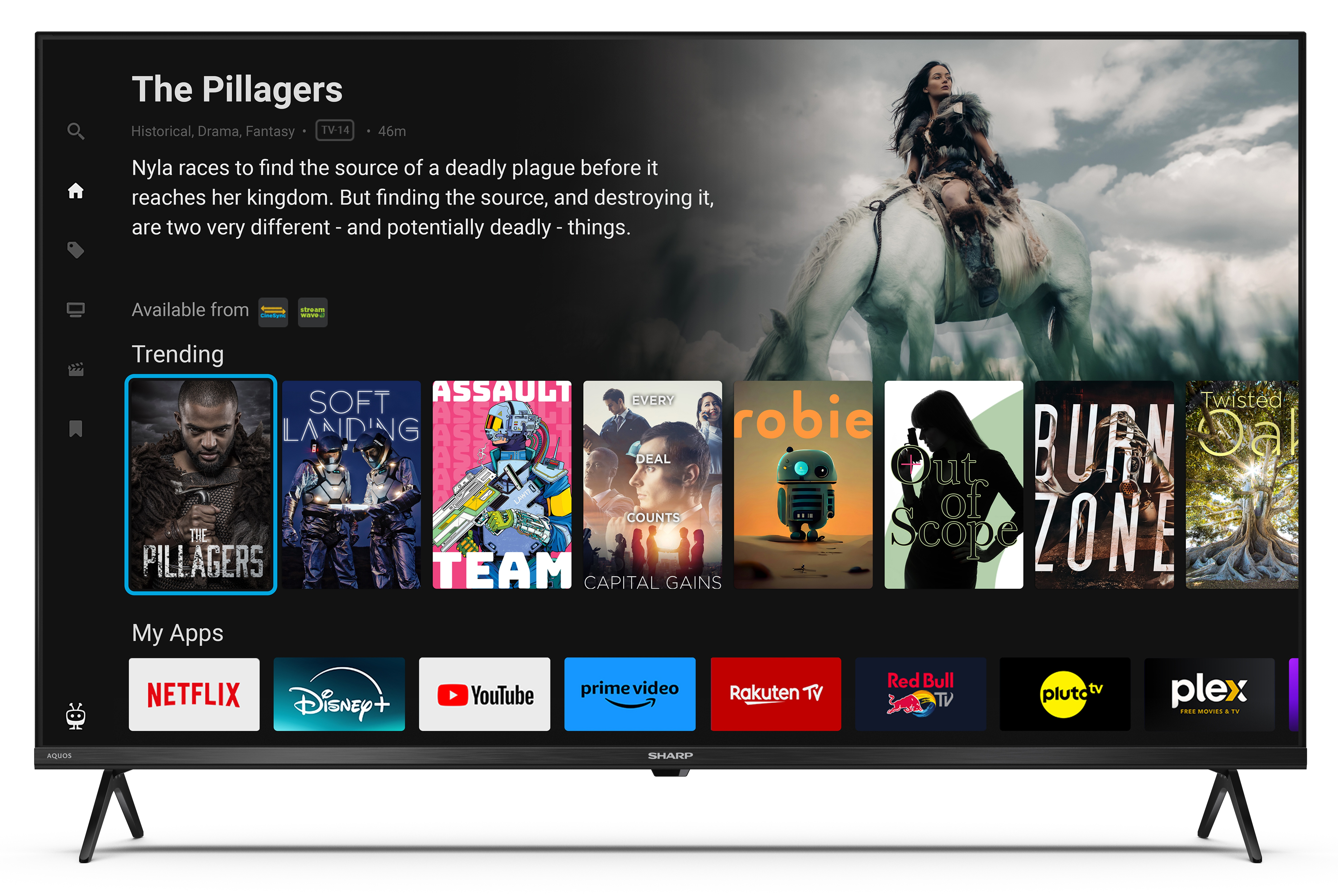 Telewizor wyświetla scenę filmową z kobietą na koniu oraz ikonami aplikacji, takimi jak Netflix i YouTube.