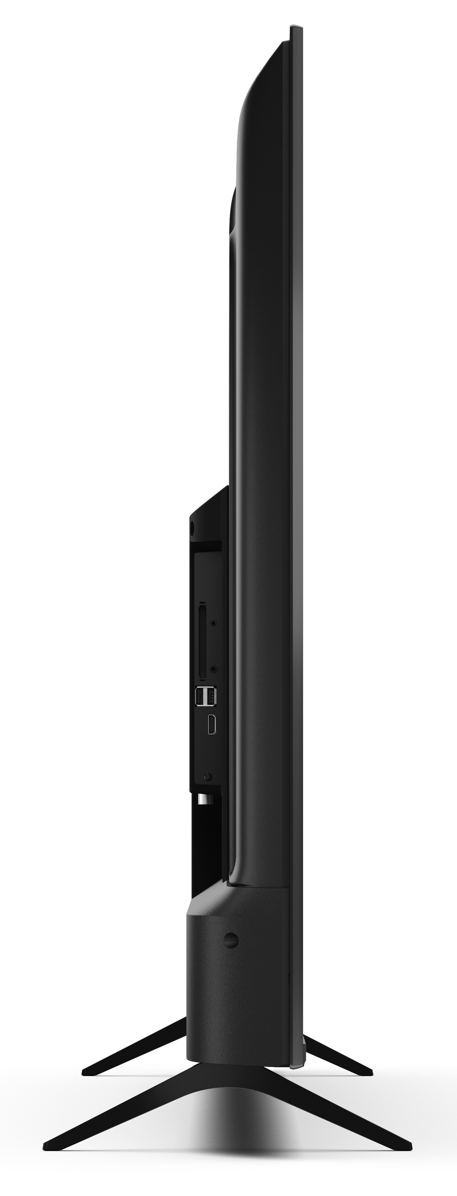 Widok z boku czarnego telewizora. Ma cienką ramę, stojak z czterema nogami i różne porty z boku.