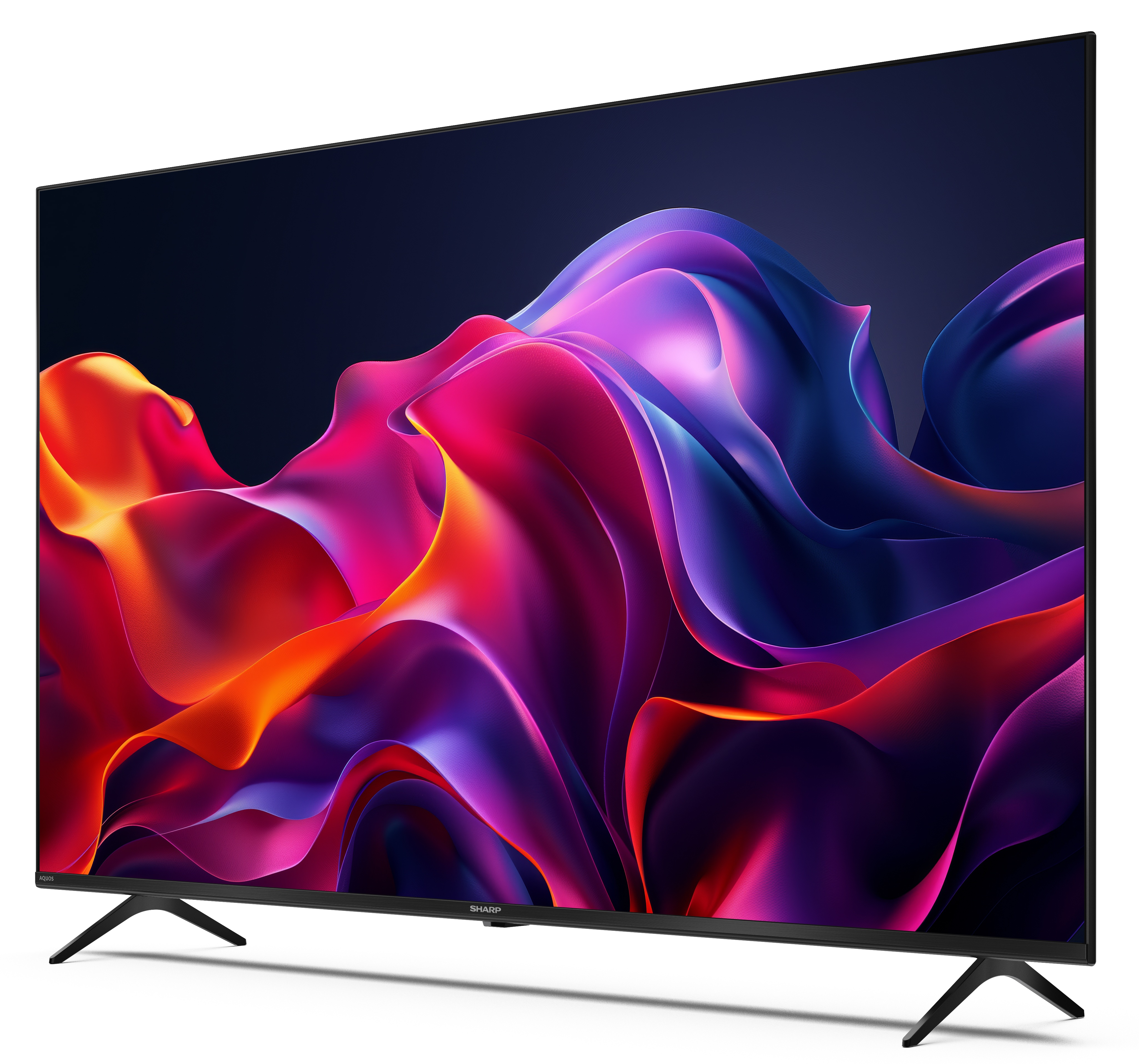 Nowoczesny telewizor Sharp wyświetla kolorowy, abstrakcyjny design. Telewizor ma czarne nogi i czarną ramę. Tło jest białe.