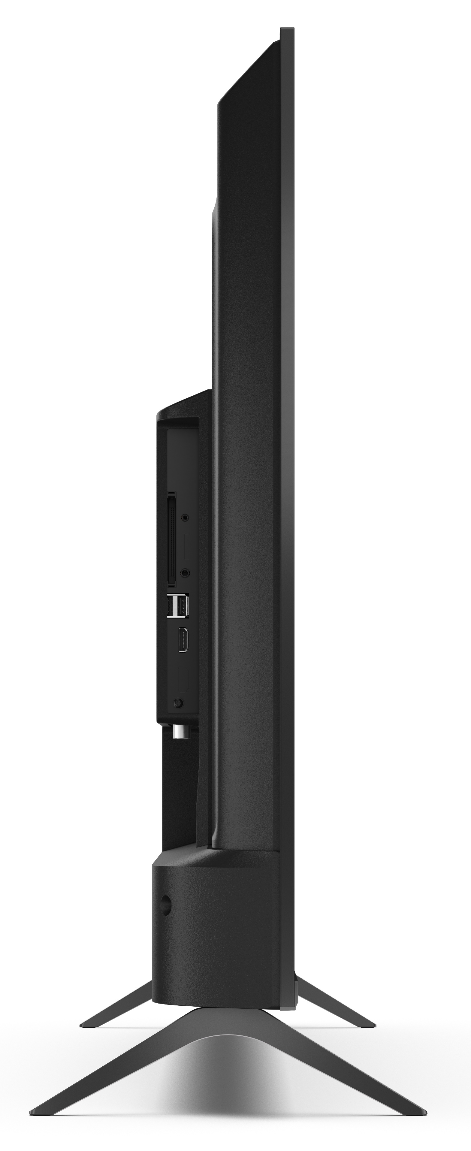Widok z boku czarnego telewizora. Ma porty, podstawę i cienką ramkę. Tło jest białe.