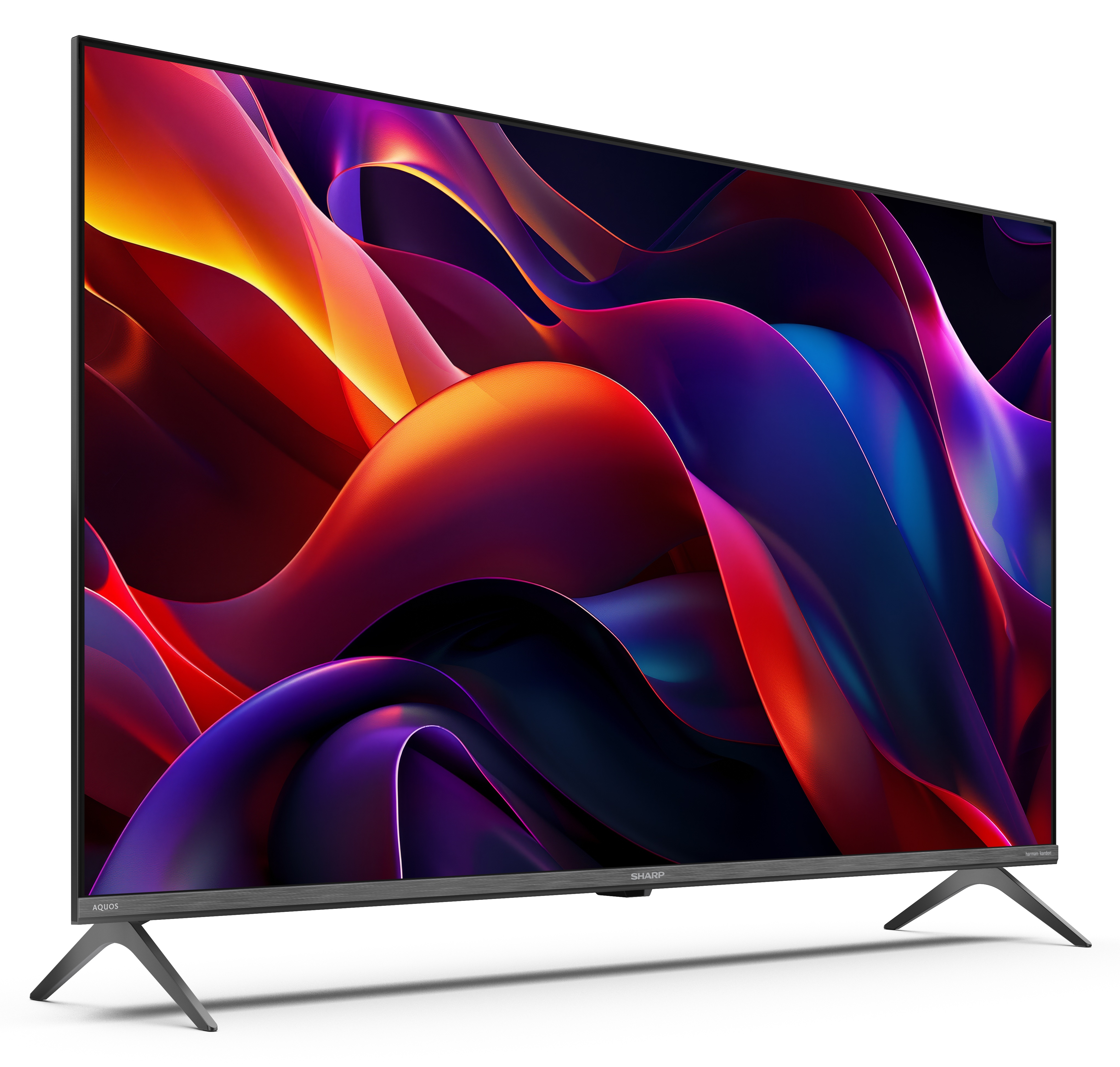 Duży, elegancki telewizor z płaskim ekranem wyświetla abstrakcyjny wzór z żywymi kolorami: czerwonym, pomarańczowym, fioletowym i niebieskim.