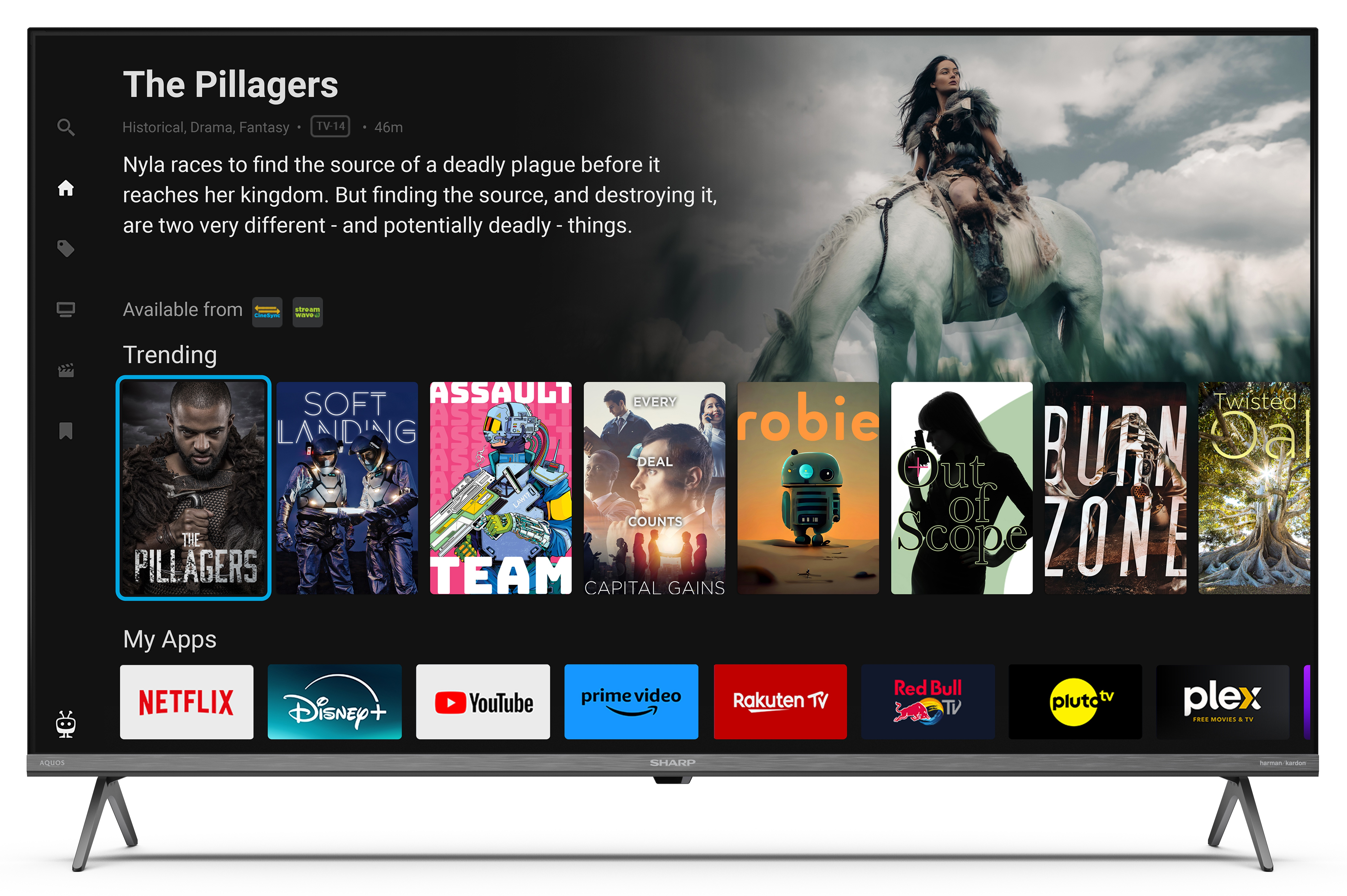 Ekran telewizora wyświetlający wybór filmów: 'The Pillagers' jest podświetlony. Pokazano aplikacje, takie jak Netflix, Disney+ i YouTube.