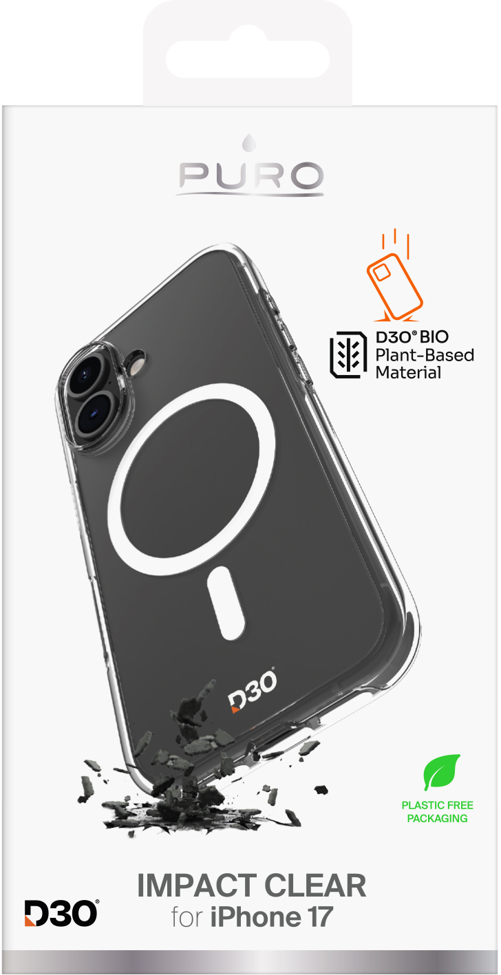 Etui na telefon dla iPhone 17. Jest przezroczyste z białym okręgiem, pokazuje upadający i rozbijający się telefon i ma napis 'IMPACT CLEAR'.