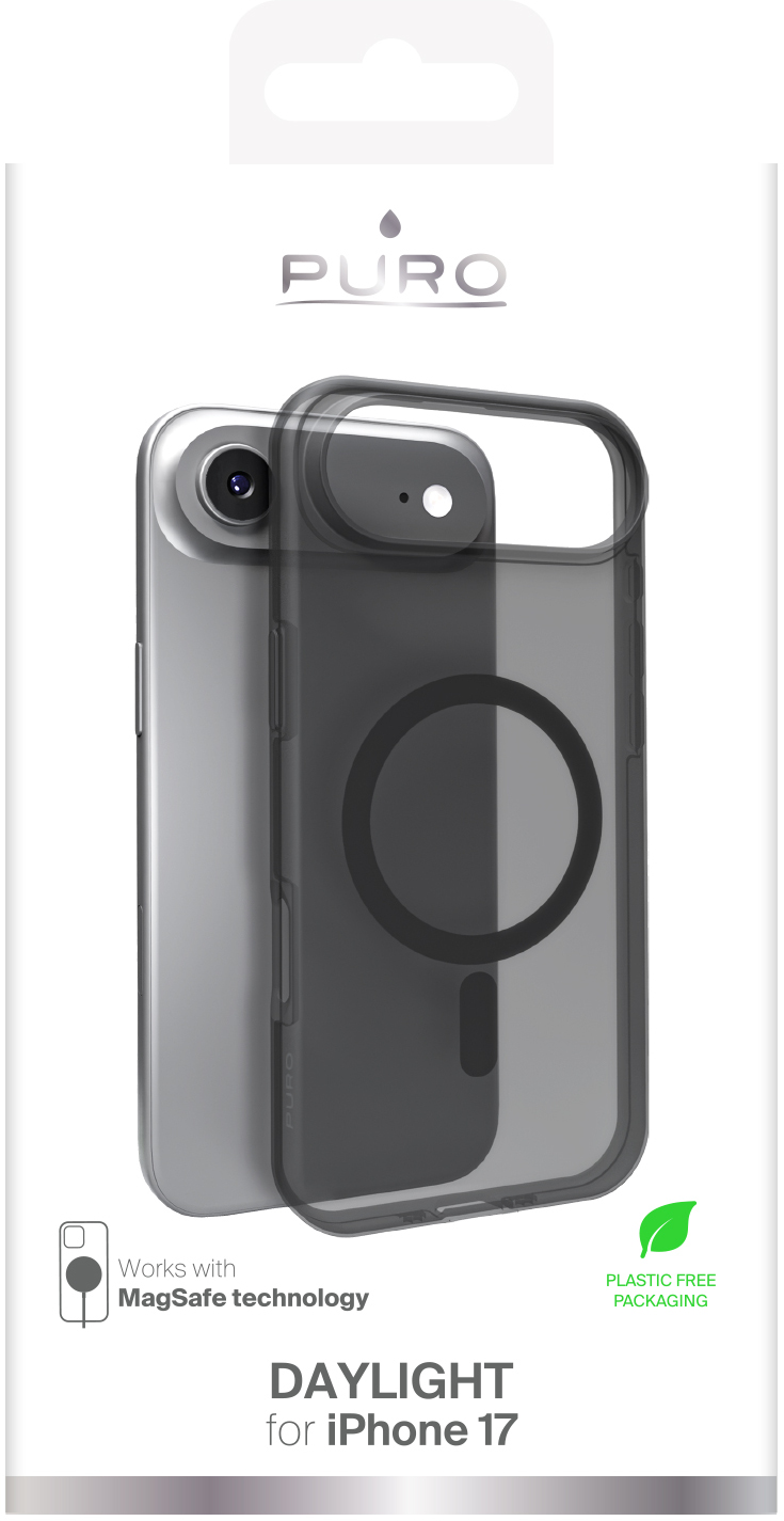 Etui na telefon z napisem 'Daylight for iPhone 17' o przezroczystym, ciemnoszarym designie. Etui znajduje się nad srebrnym telefonem.