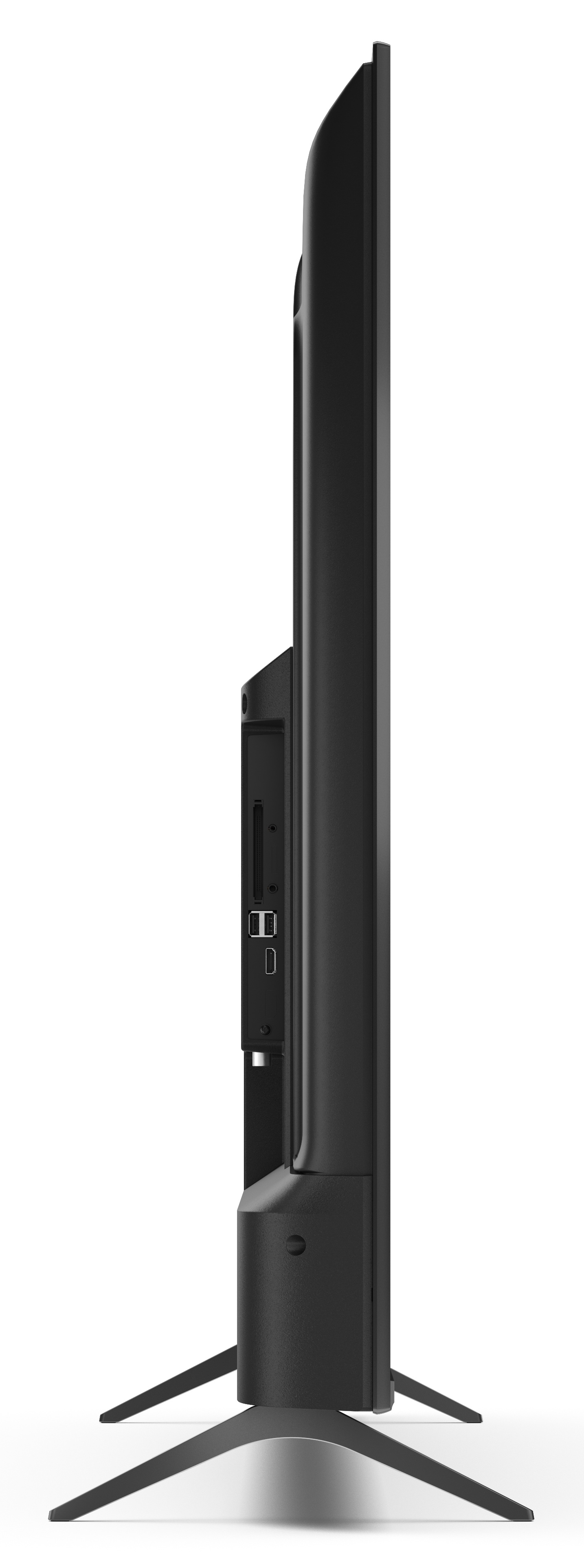 Czarny telewizor z boku. Ma stojak i porty do podłączeń.