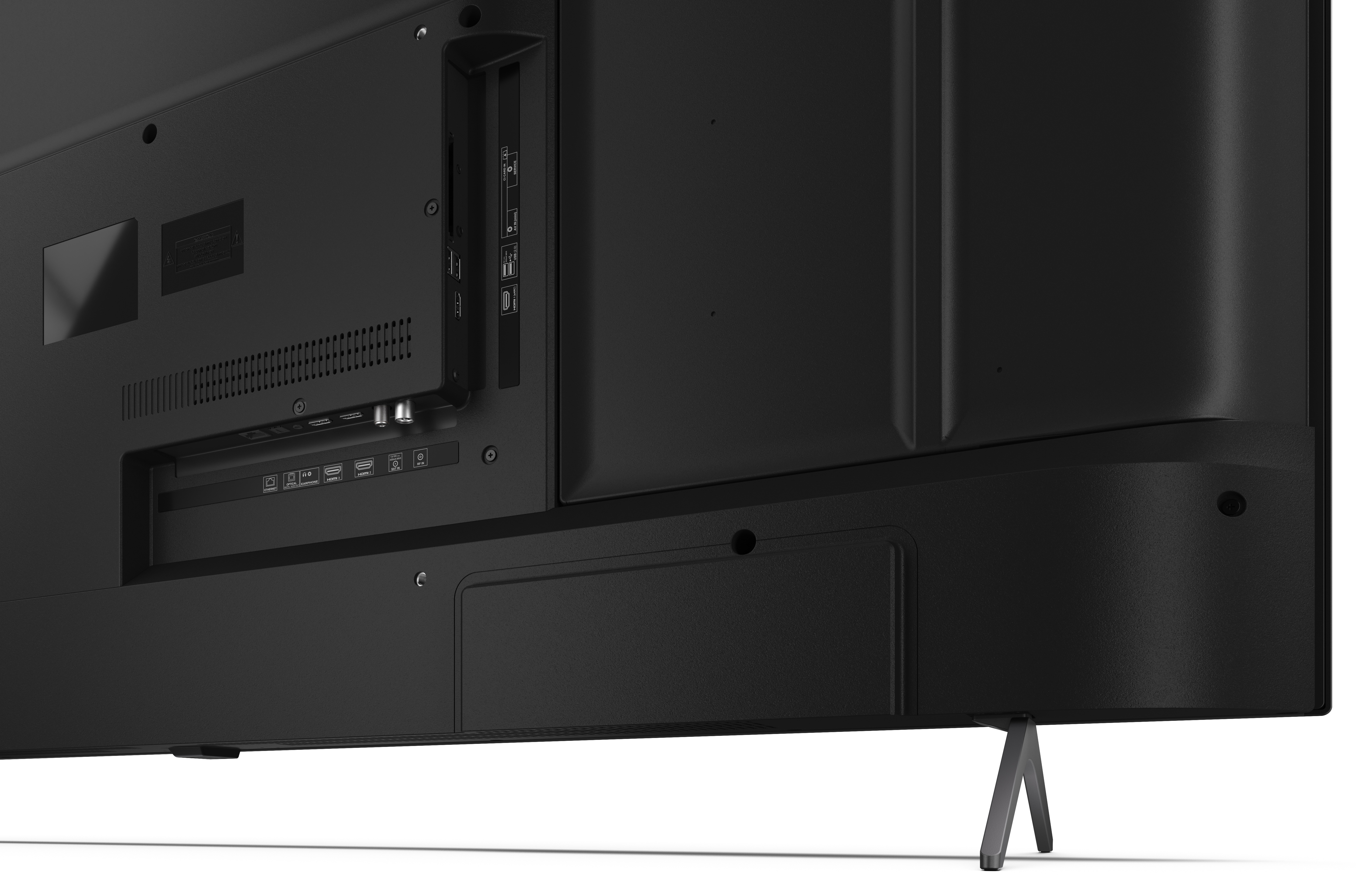 Tył czarnego telewizora. Widoczne porty, otwory wentylacyjne i stojak. Etykiety obejmują HDMI, Ethernet i CI CARD IN.