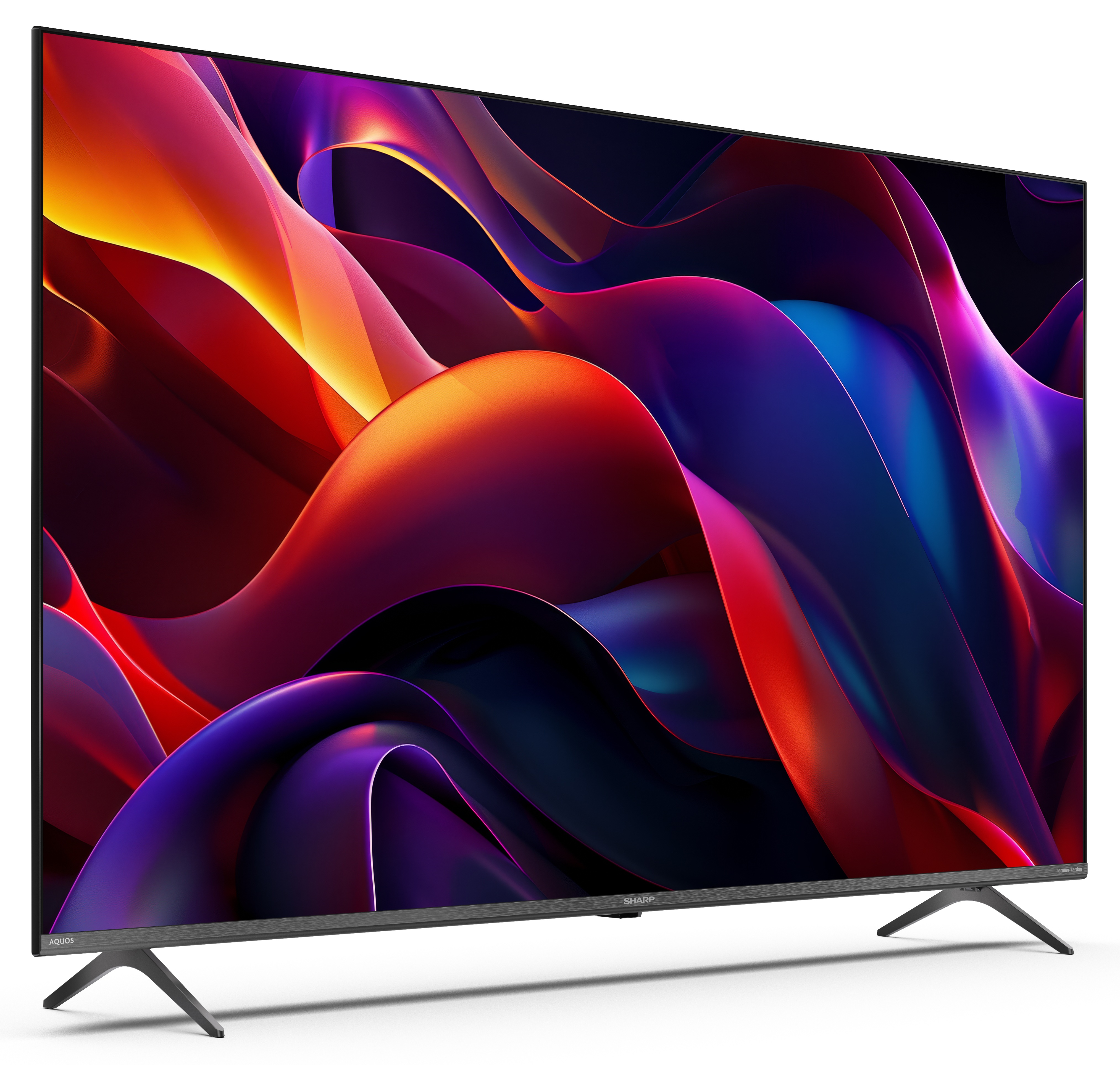 Telewizor Sharp Aquos wyświetla abstrakcyjny, kolorowy wzór. Stoi na dwóch nogach. Ekran jest błyszczący, z czarną ramką.