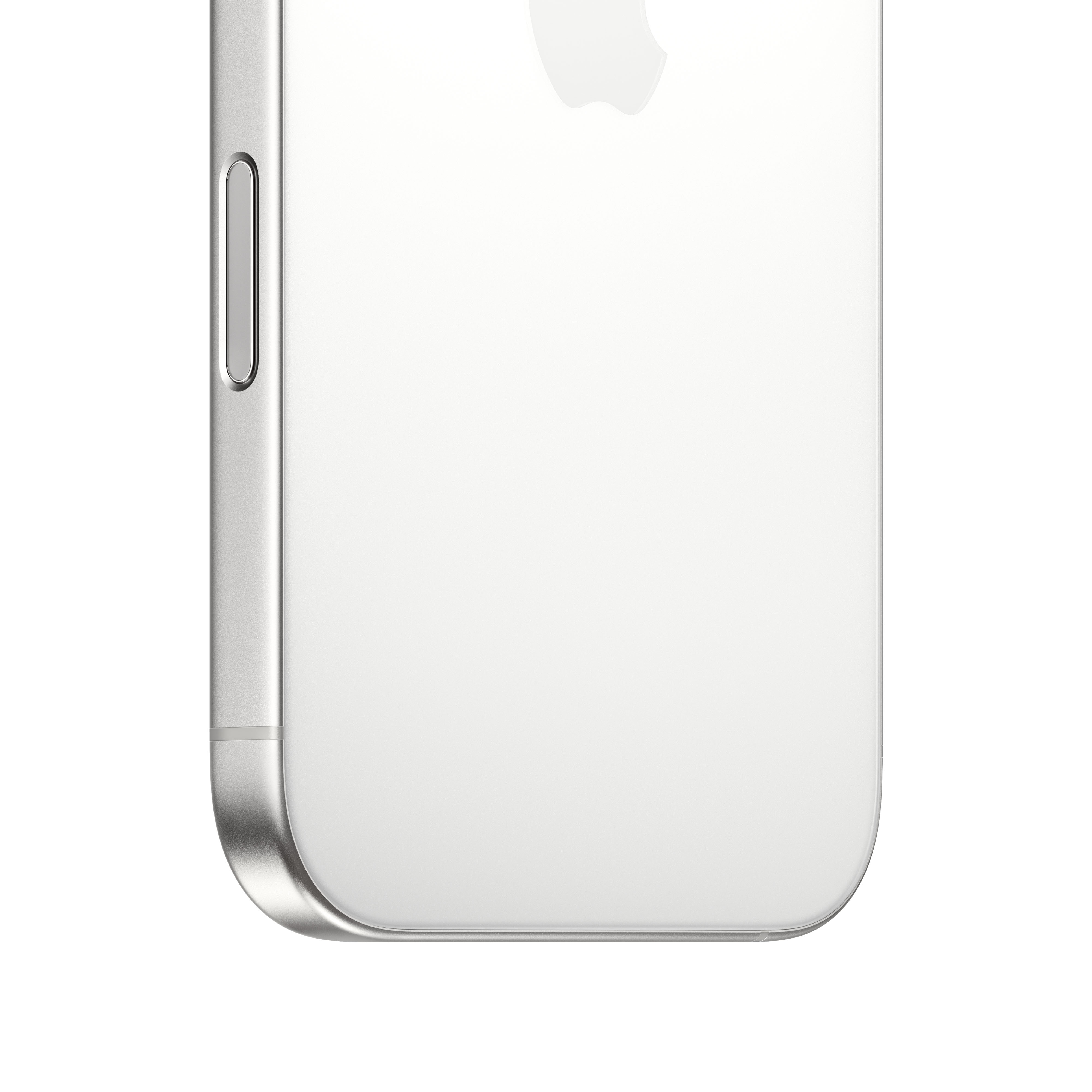 Gros plan d'un téléphone argenté. Le côté a un bouton de volume. Le dos est blanc avec un logo Apple.