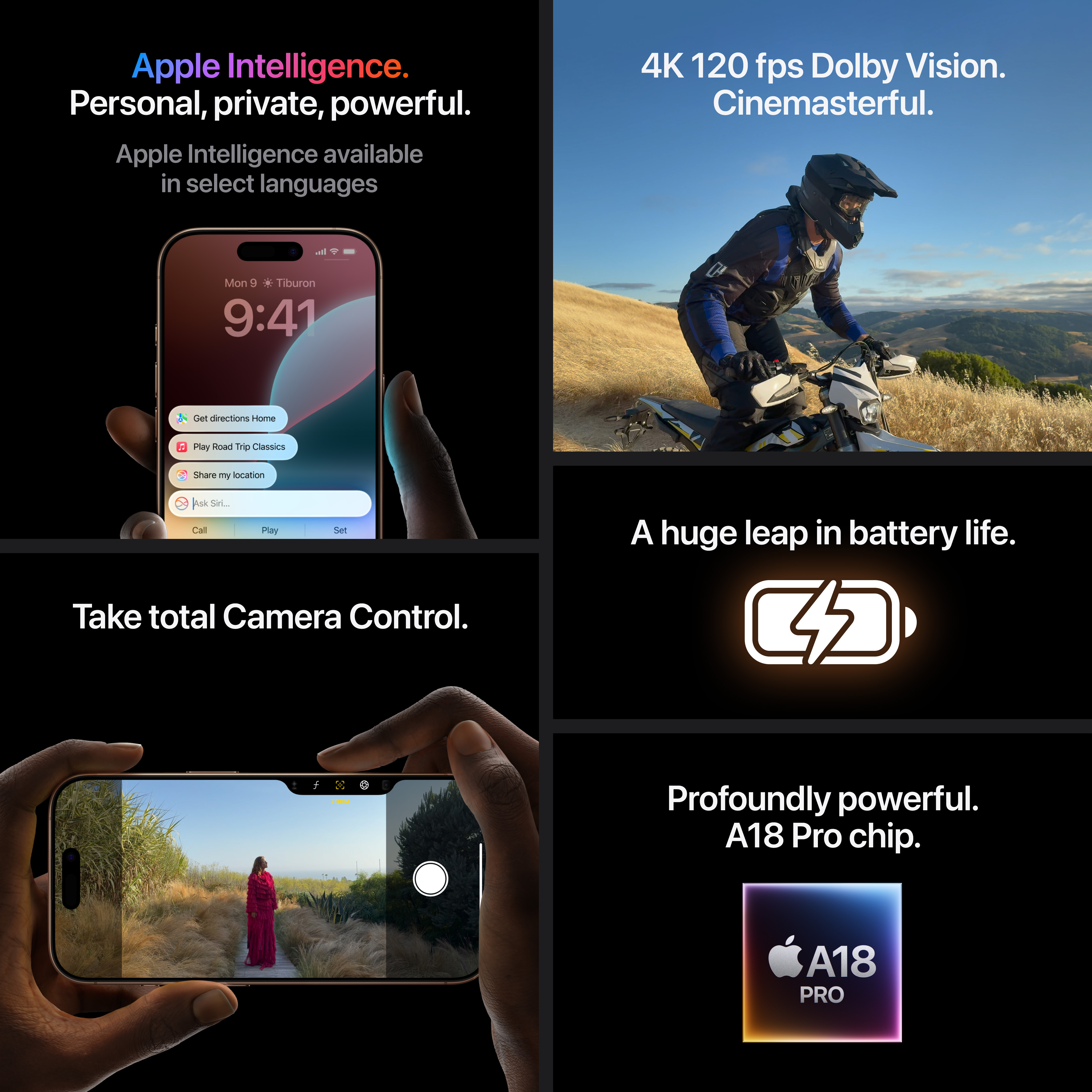 L'image montre un iPhone avec des fonctionnalités, un motocycliste et un graphique de batterie.