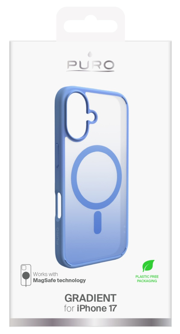 Niebieskie etui gradient iPhone 17 w opakowaniu. Jest wolne od plastiku i współpracuje z technologią MagSafe.