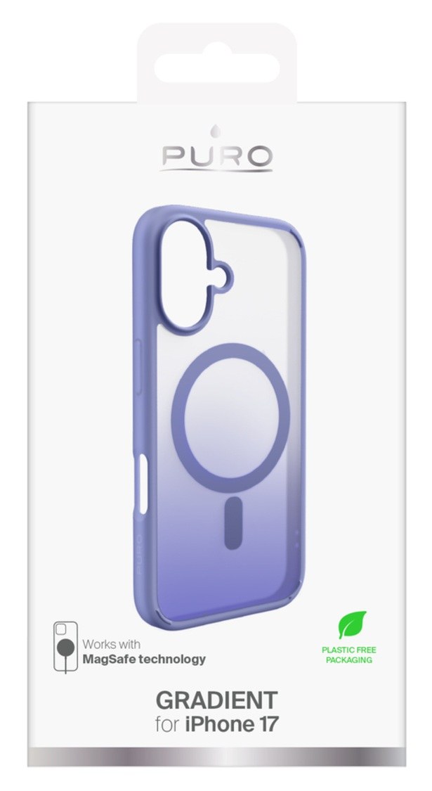 Etui na telefon w pudełku z fioletowym gradientem, MagSafe i opakowaniem bez plastiku. Marka to PURO, dla iPhone 17.
