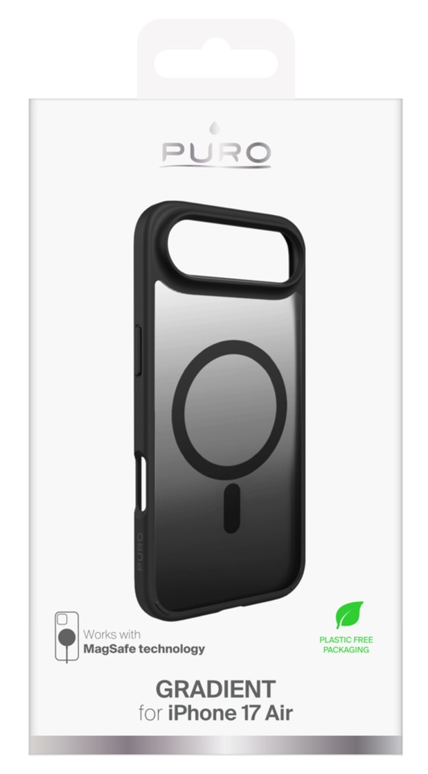 Etui na telefon w pudełku. Etui jest gradientowe czarne, obsługuje MagSafe i ma napis 'Gradient for iPhone 17 Air' na pudełku.